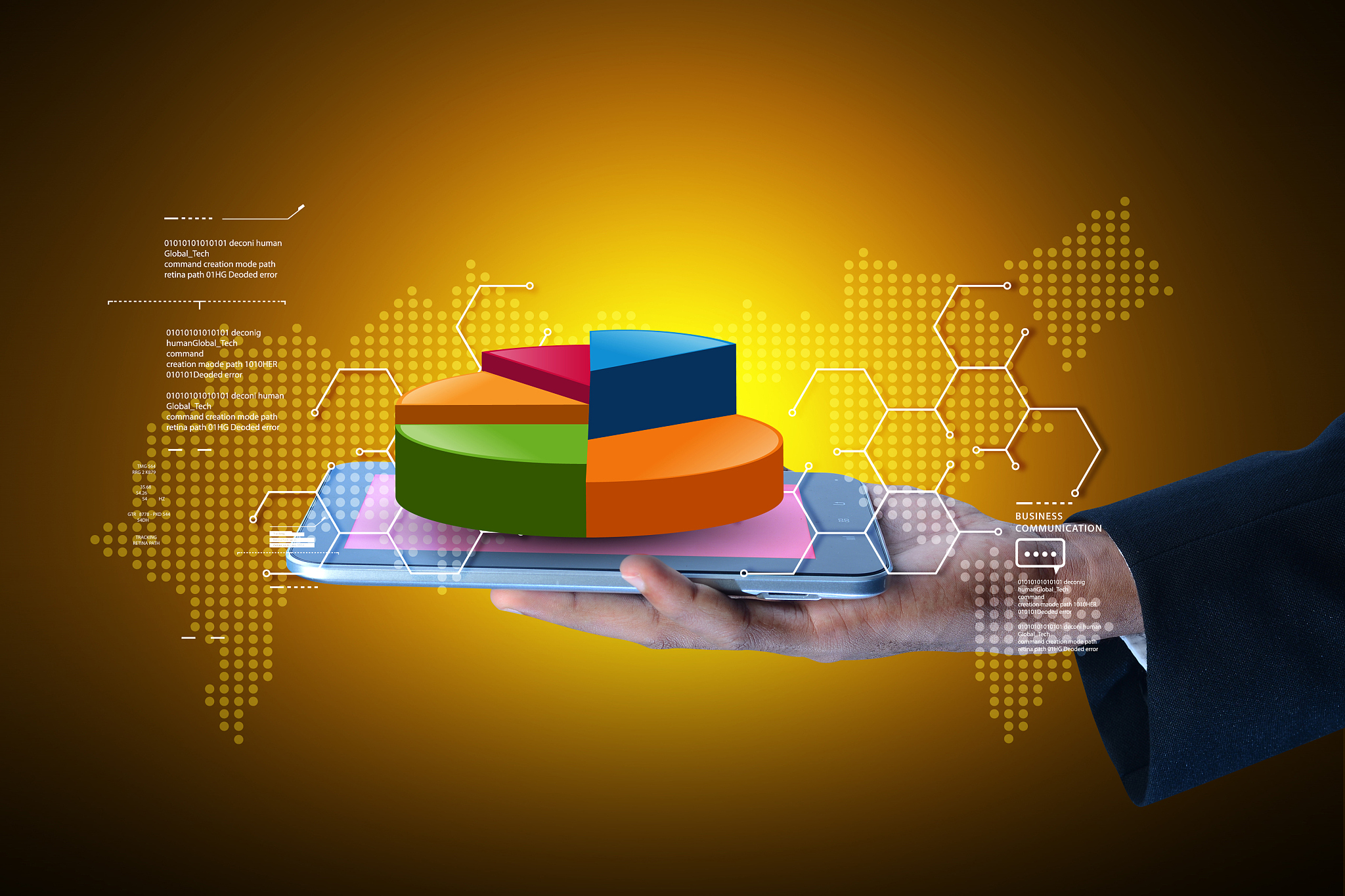 business man showing pie chart with tablet computer in color bac