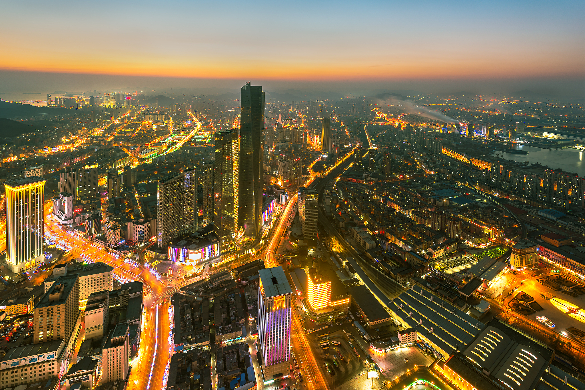 dalian sunset cityscape.
