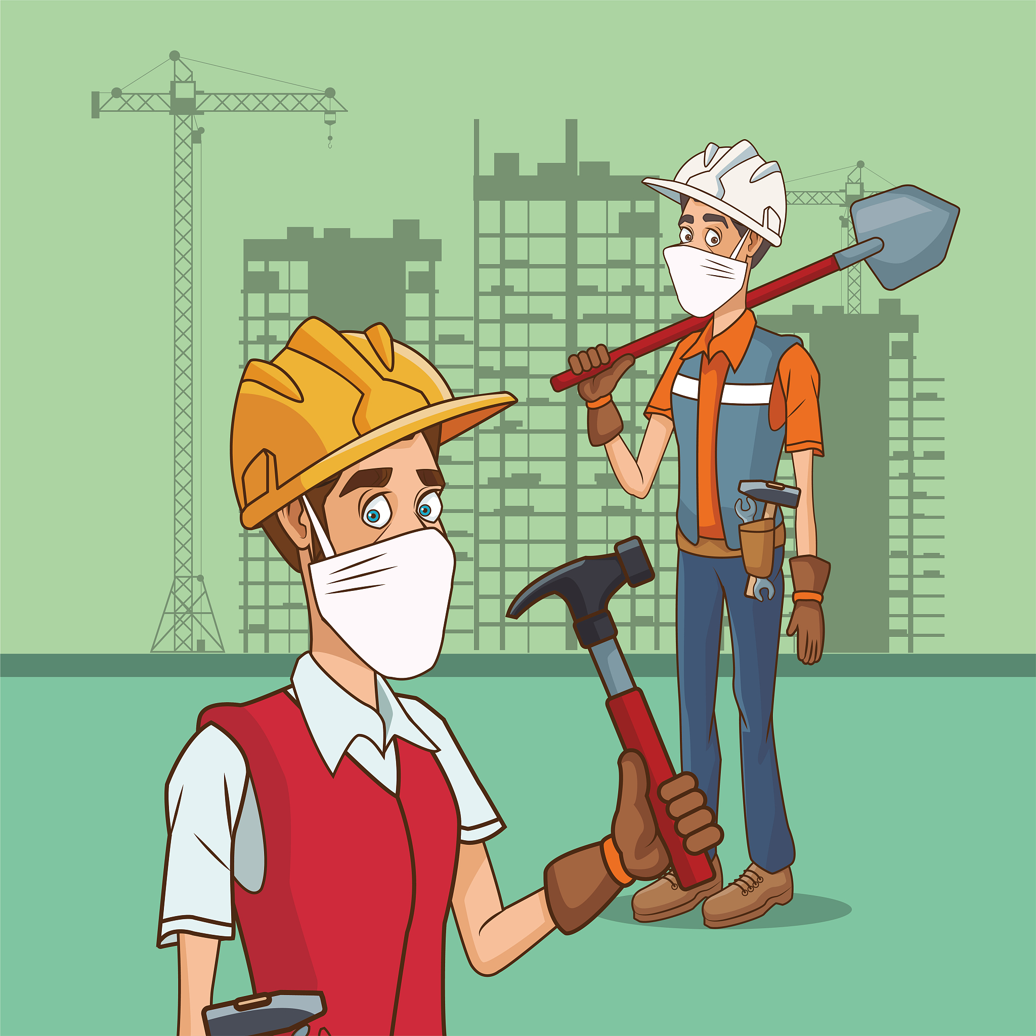 builders couple using face mask for covid19