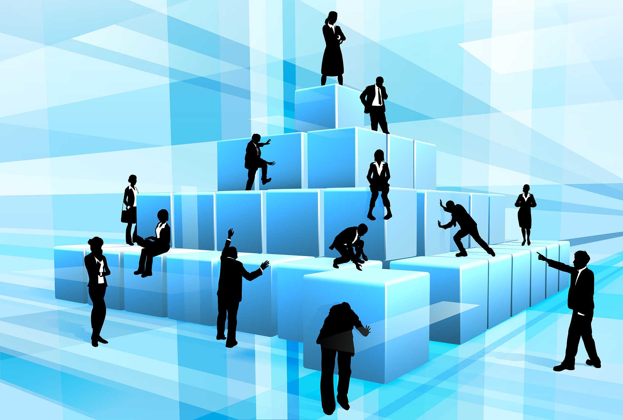 silhouette business team people building blocks