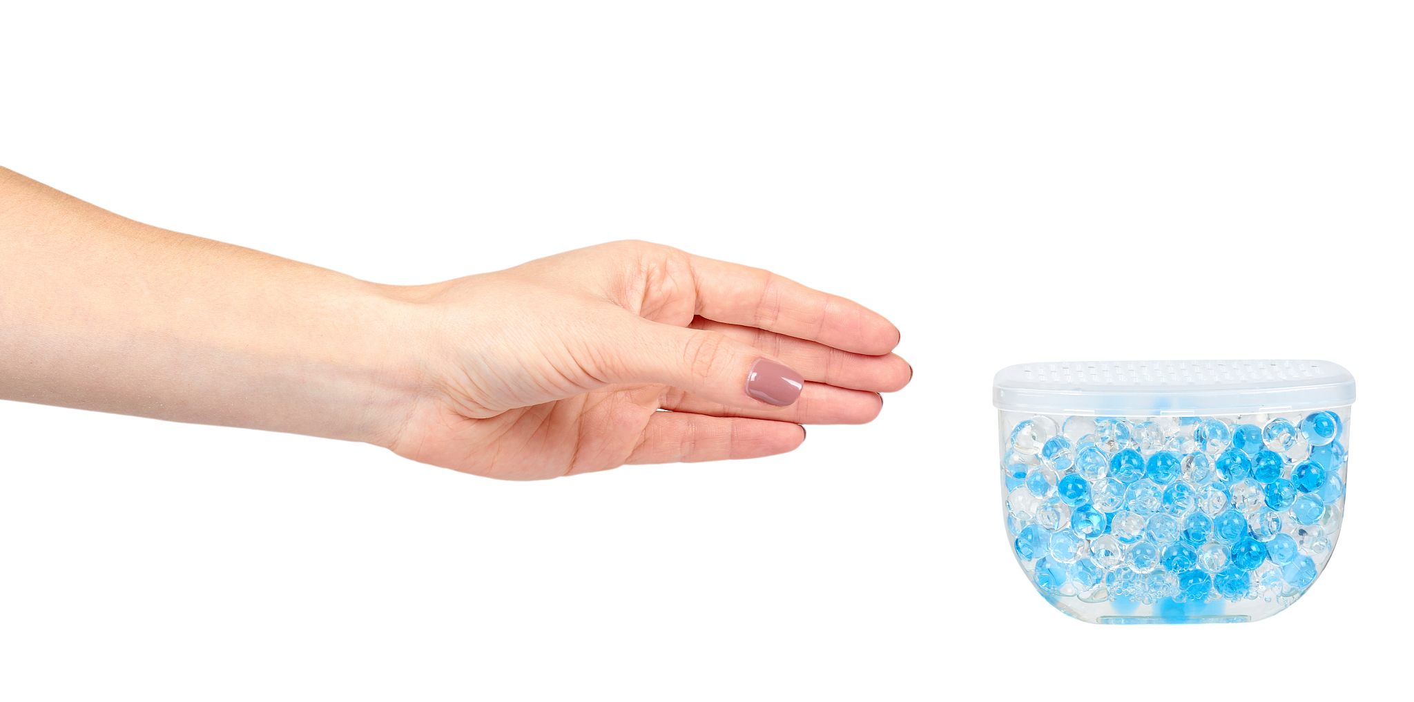 hand with blue gel fragrance air freshener, bathroom deodorant.