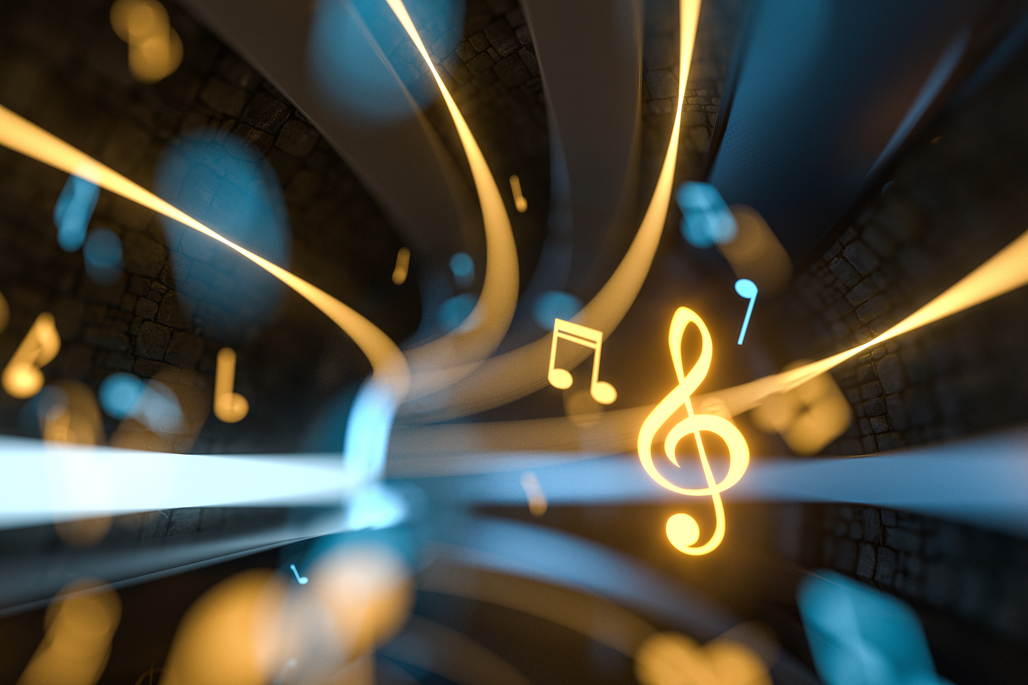 music notes with dark background, floating notes, 3d rendering.