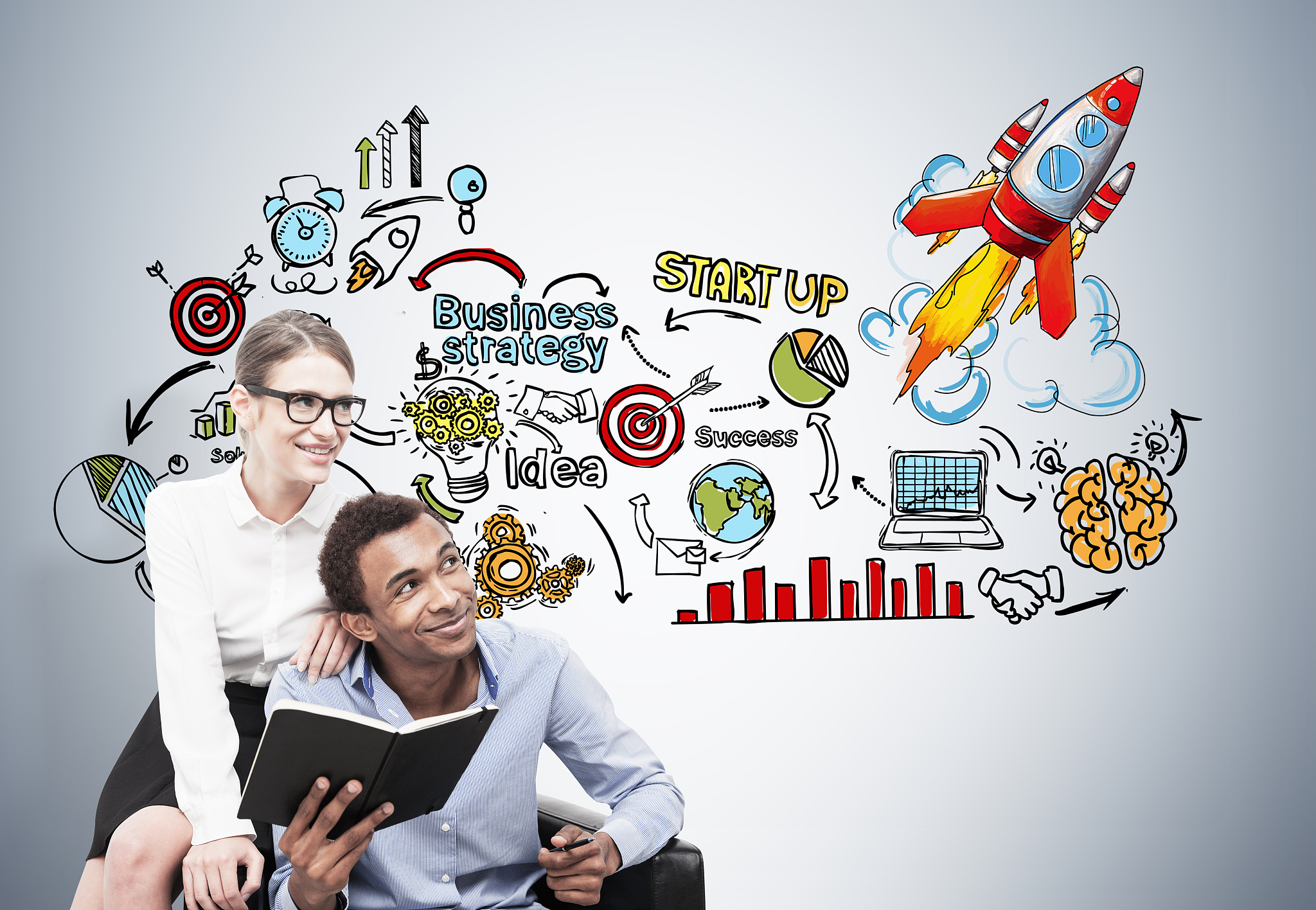 african man and blond woman, startup rocket