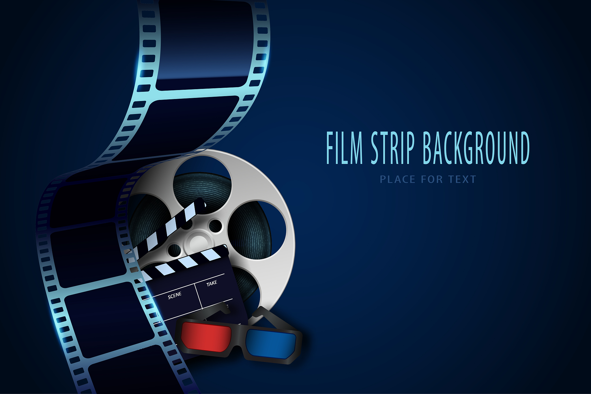 film reel, clapper board, 3d cinema glasses and twisted cinema t