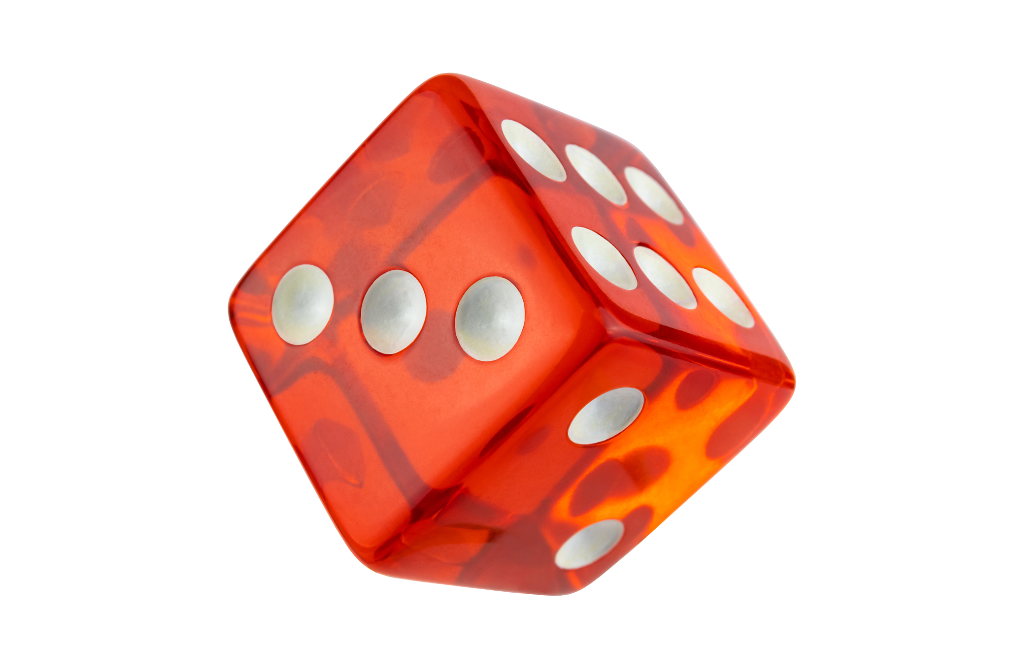 red glass dice closeup isolated on white without shadow. three, 