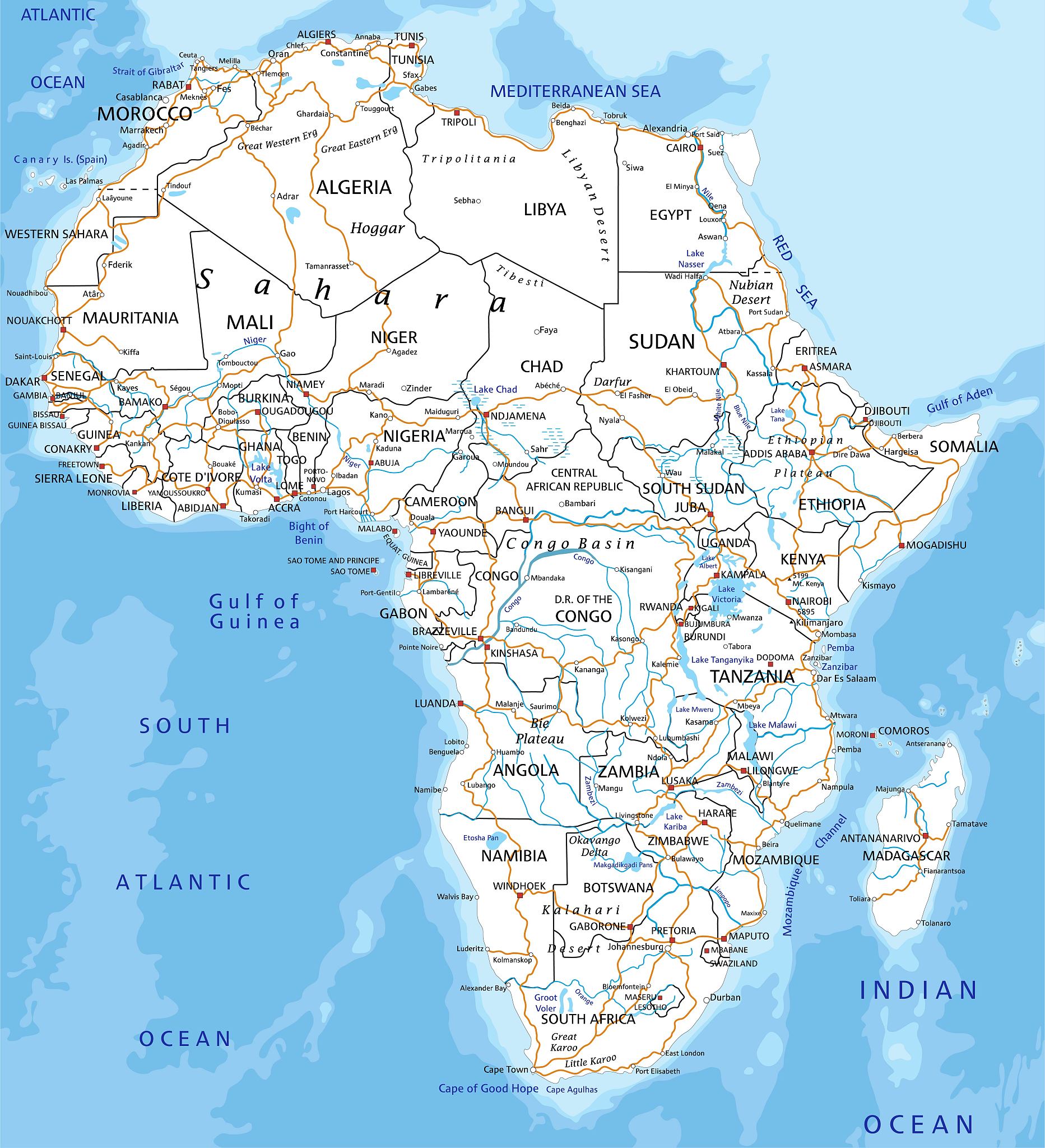 high detailed africa road map with labeling.