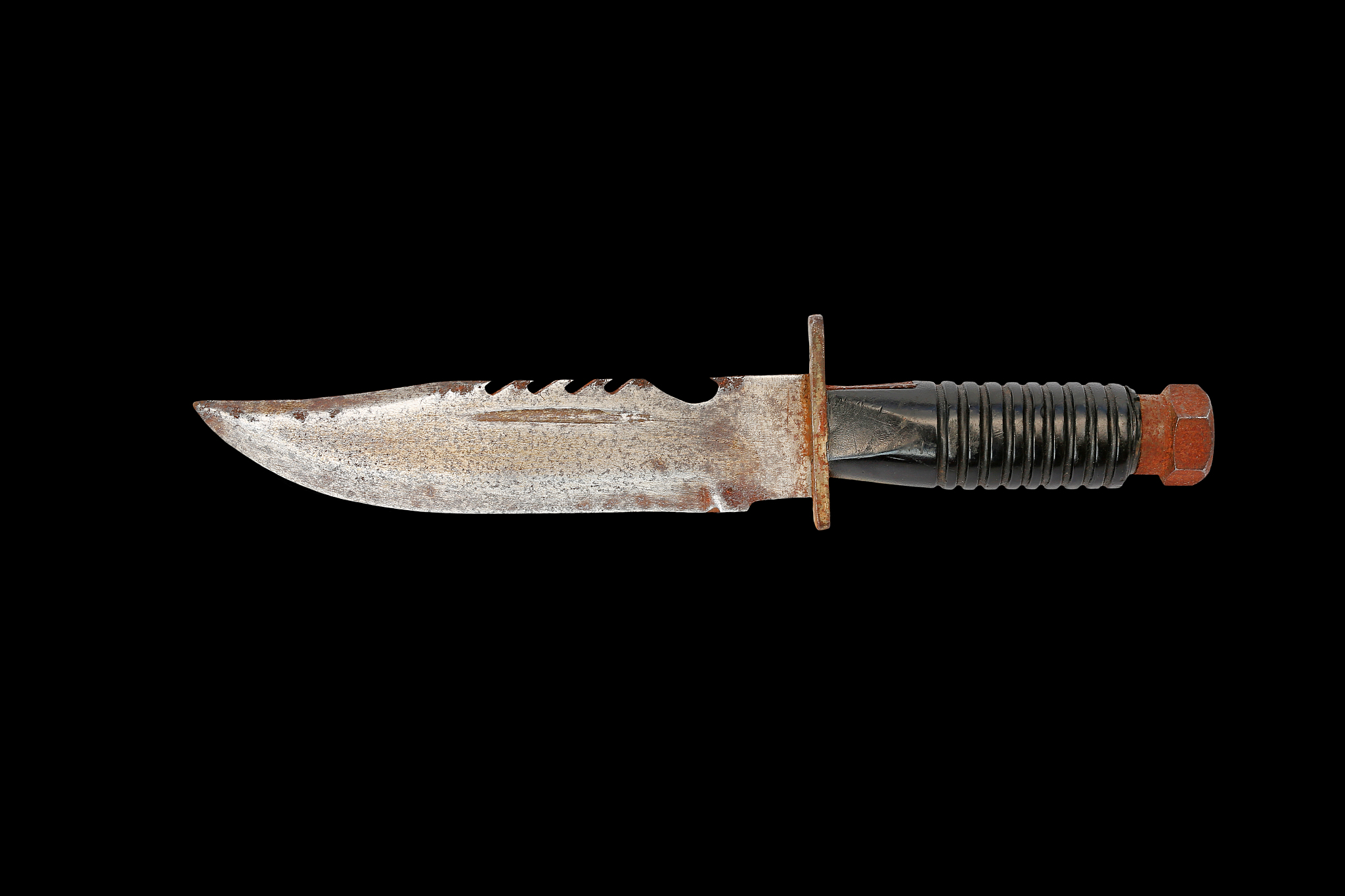 rusty old knife with black rubber handle.