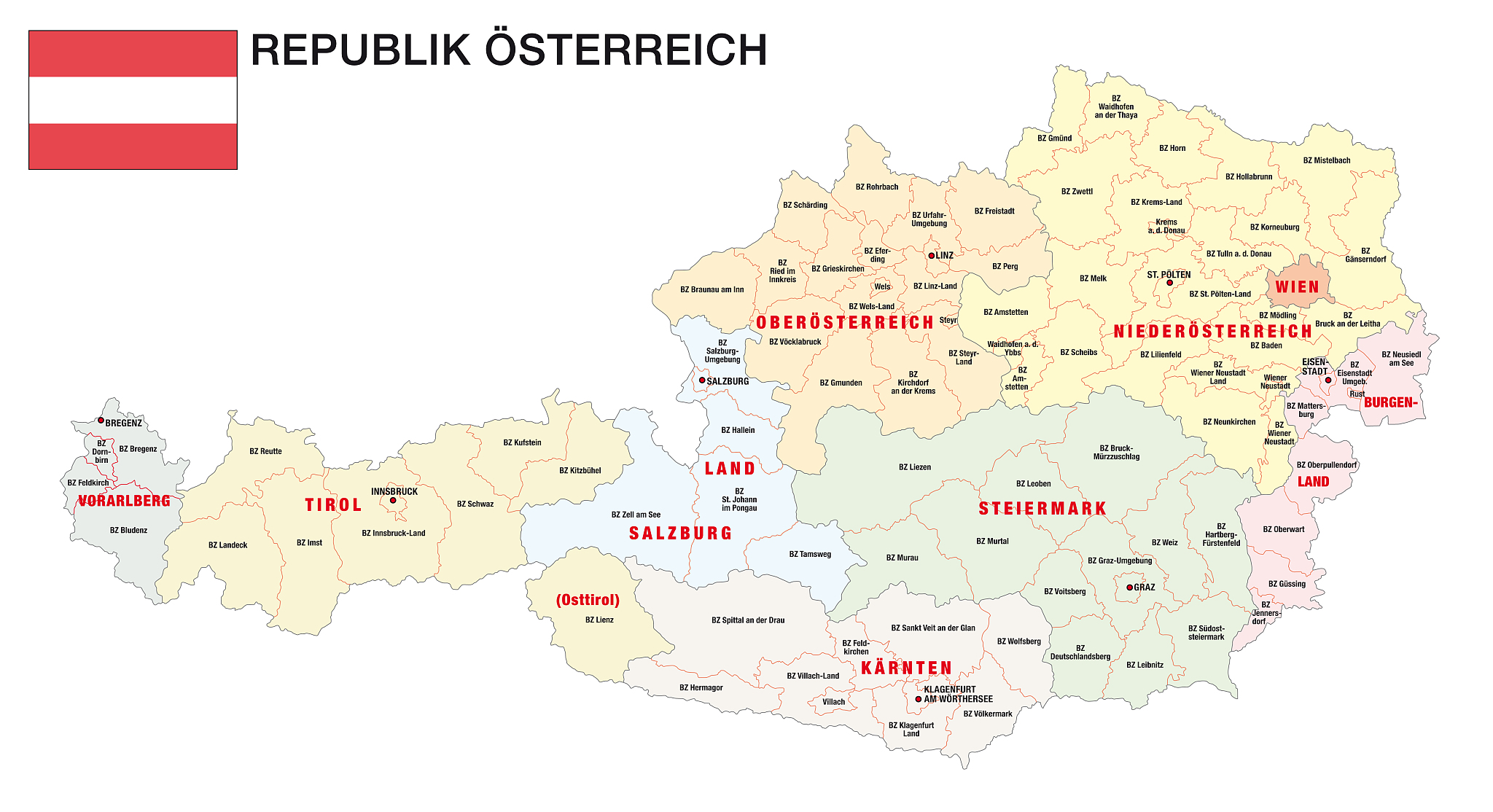 new administrative and political map of austria in german langua