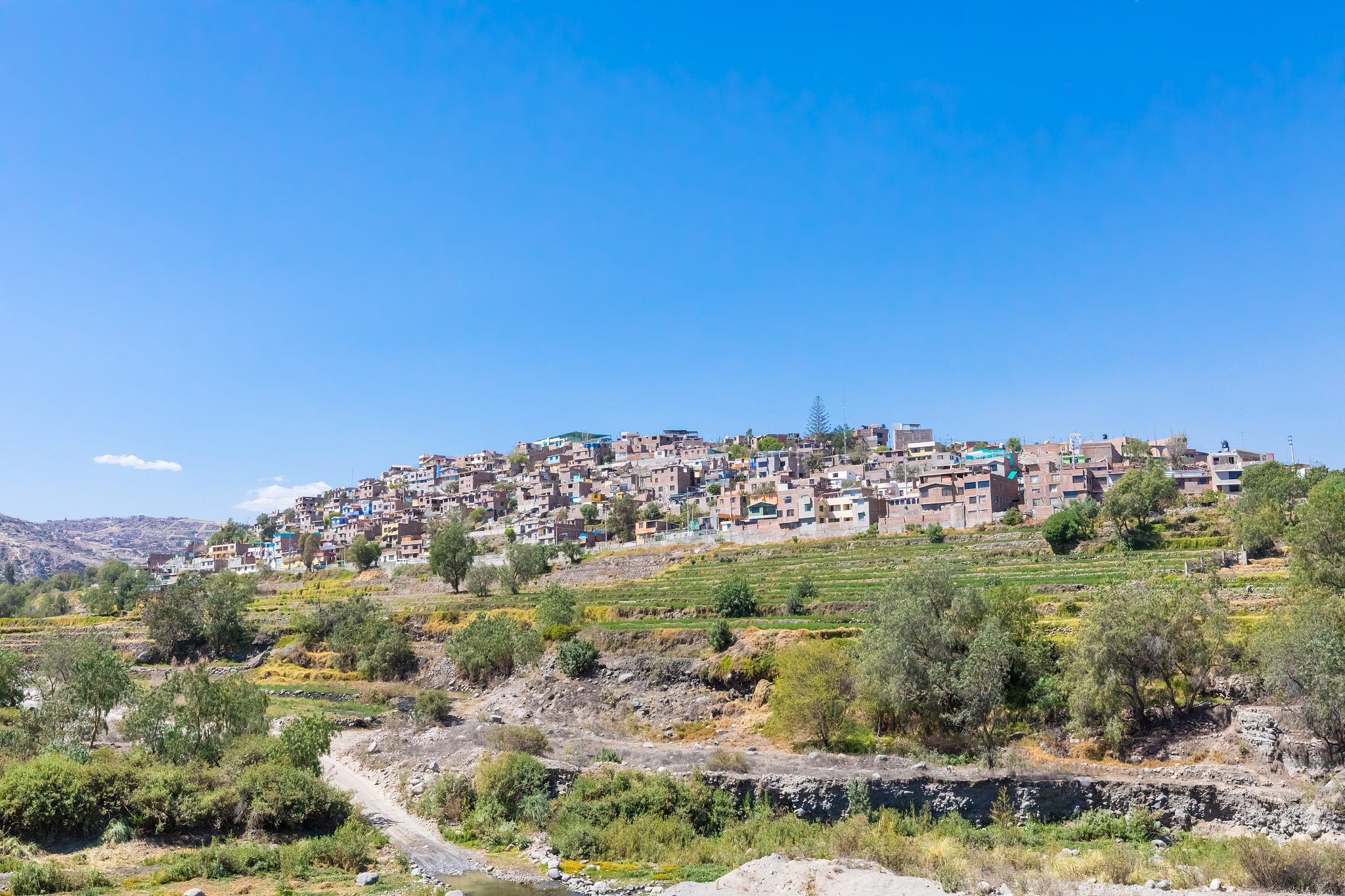 scenic view of townscape against clear blue sky