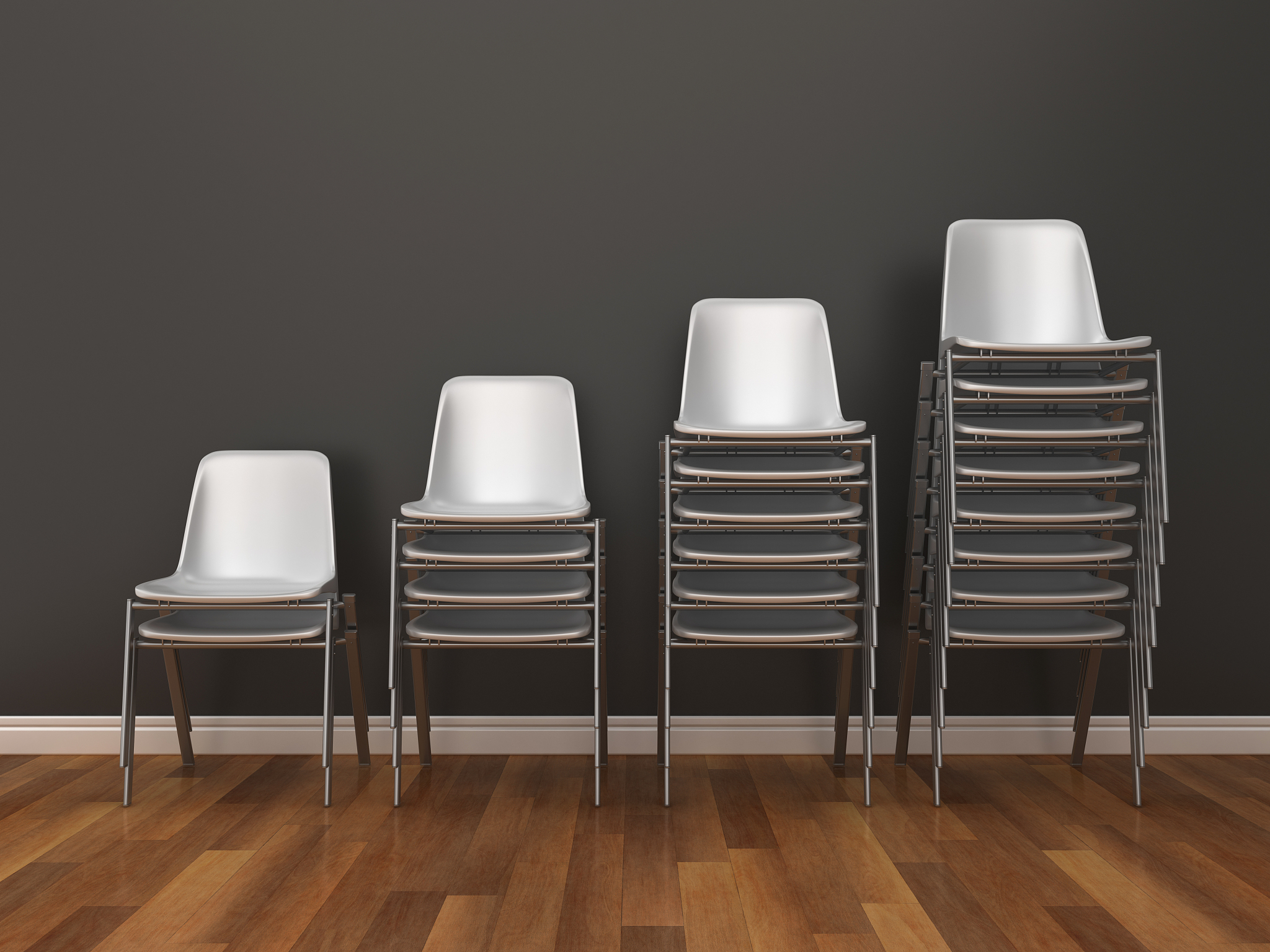 row of chairs on wood floor - 3d rendering