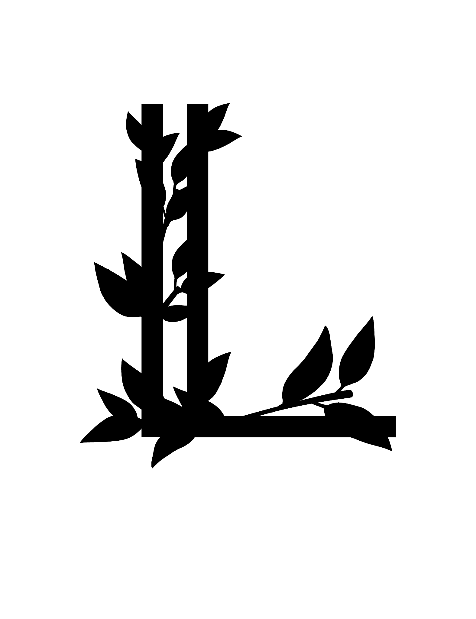 black silhouette letter l with covered leaves eco font flat vect