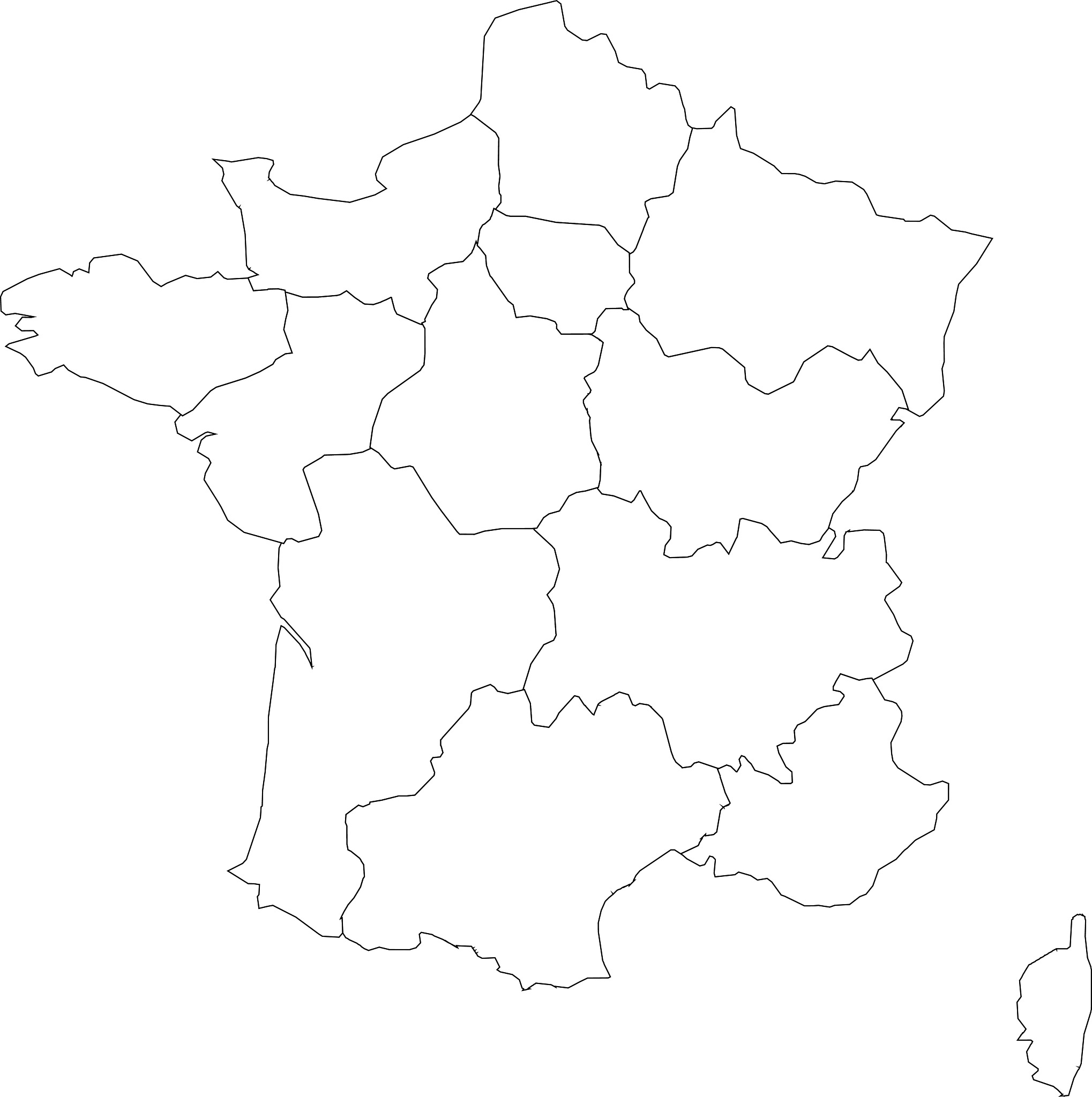 outline map of france divided into 13 administrative metropolita