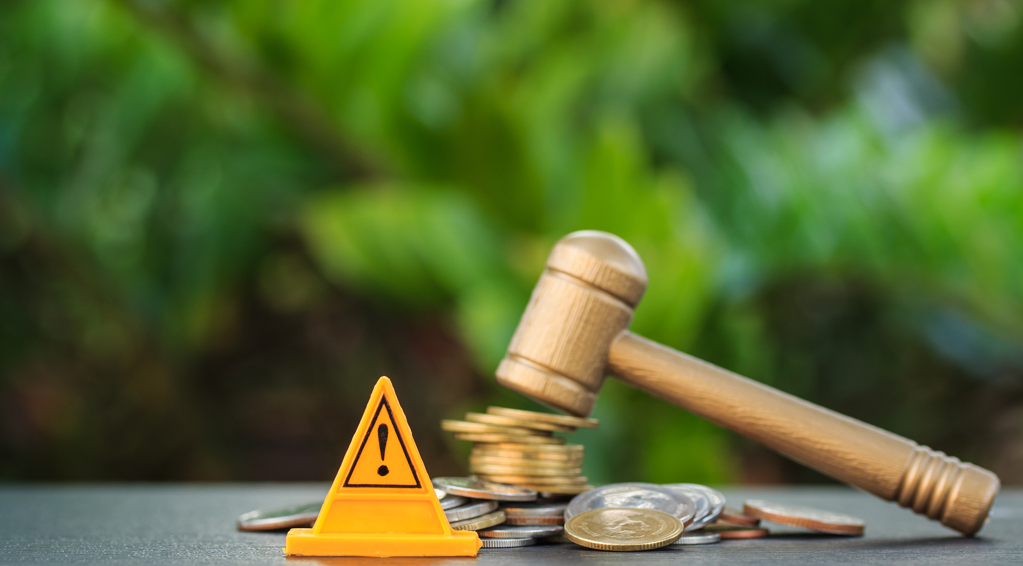 coin hammer and warning sign on nature background. investment id