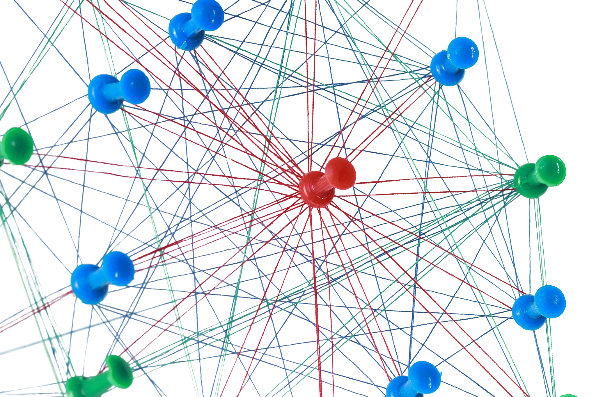 colored needles are connected by a thread, communicate with each