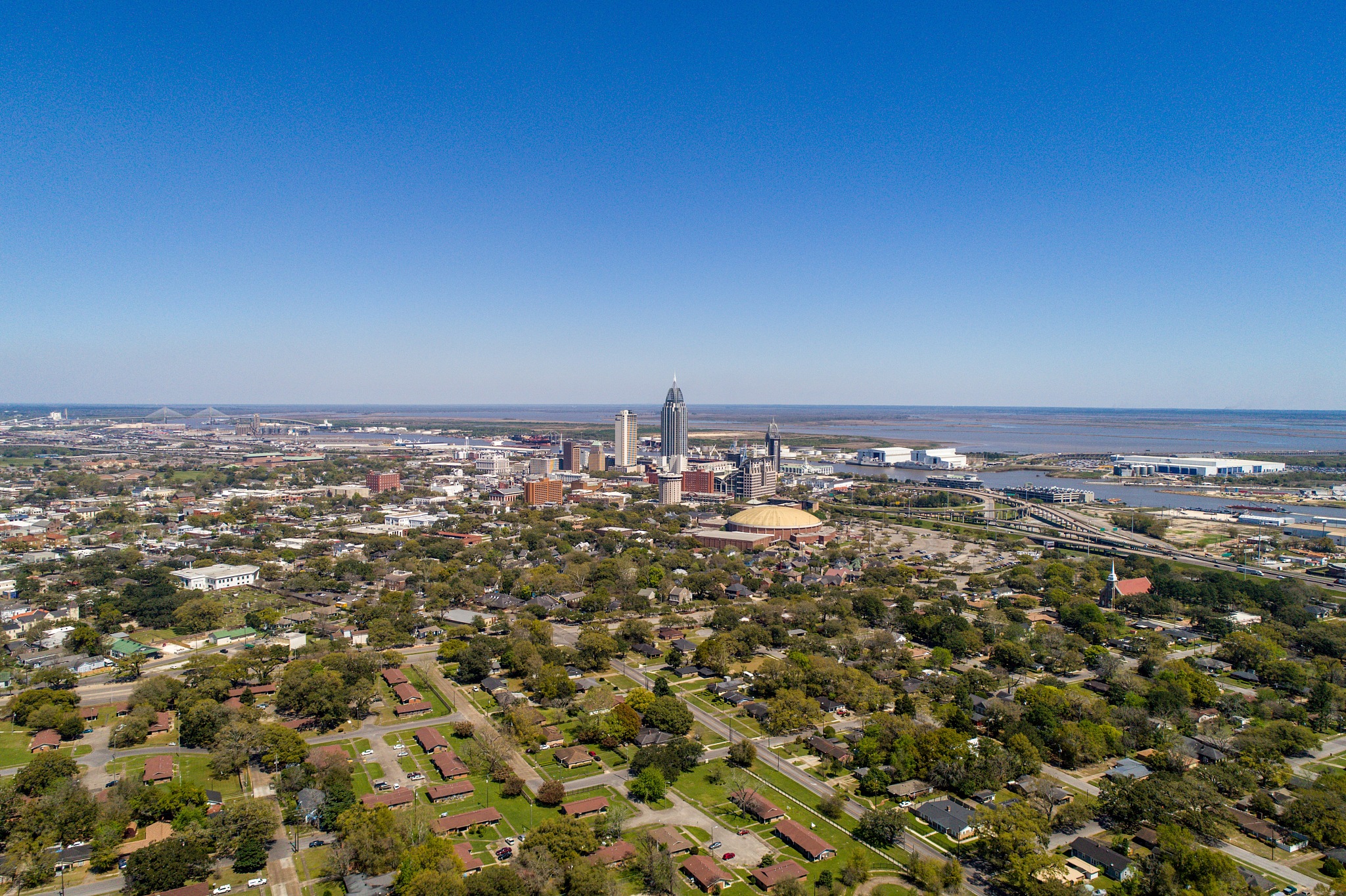 downtown mobile, alabama skyline and cityscape