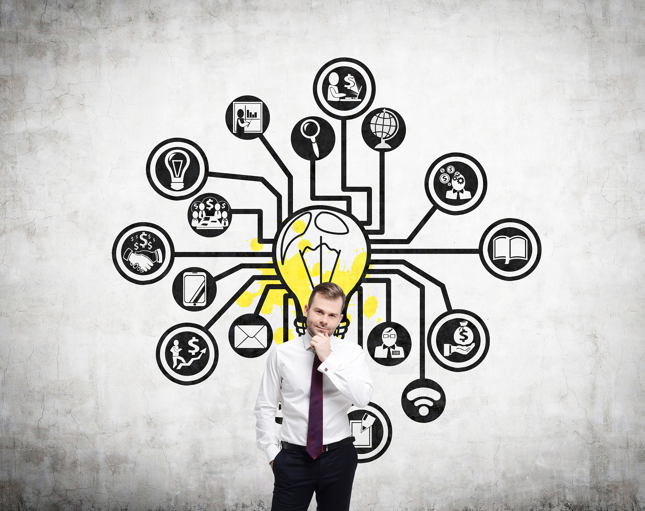 bearded man, light bulb and round icons, concrete