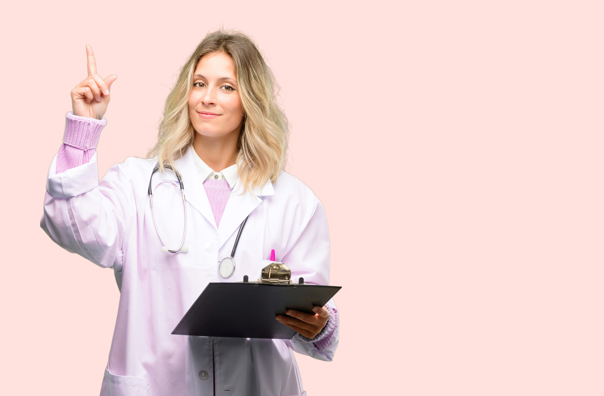 young doctor woman, medical professional raising finger, the num
