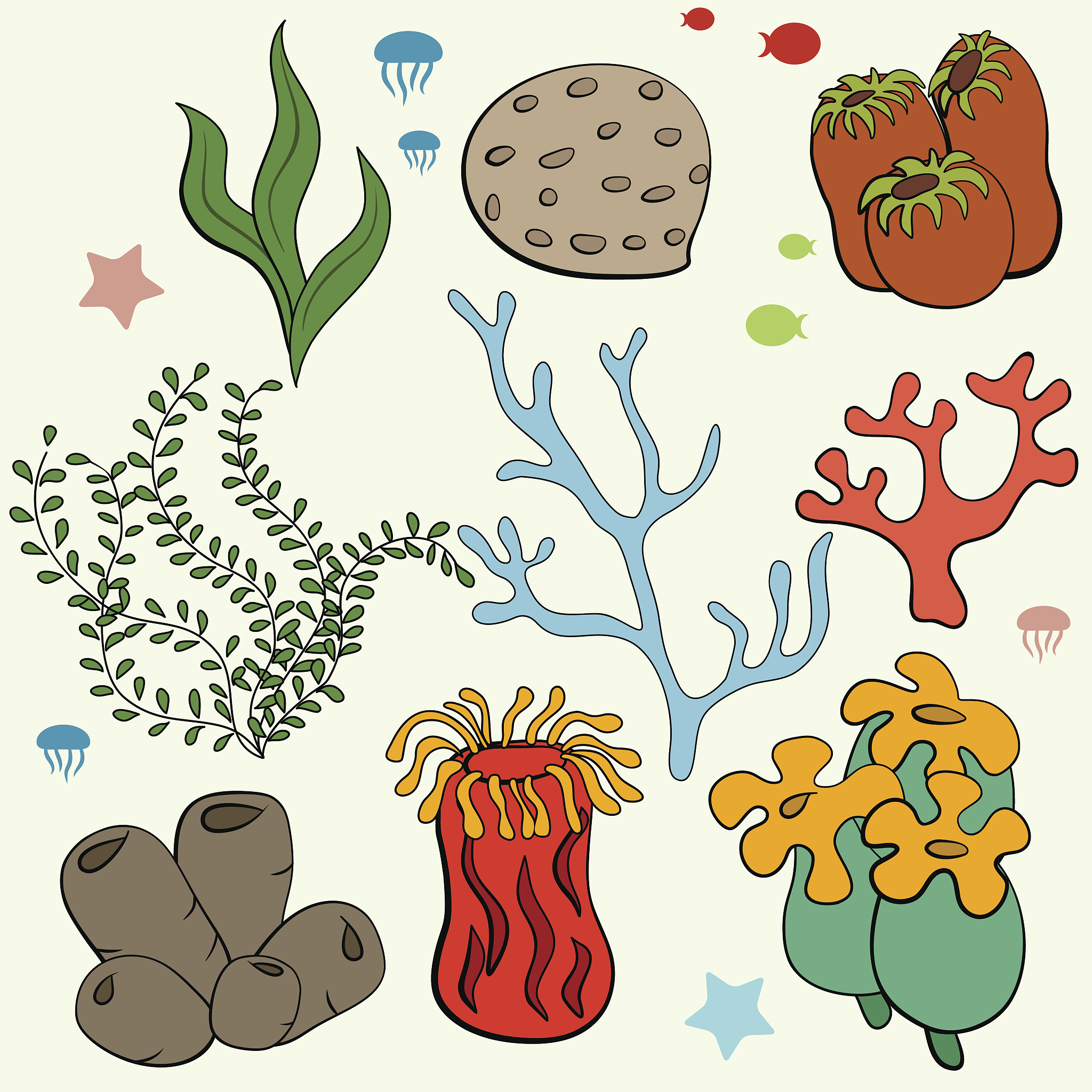 set of cartoon underwater plants and creatures.