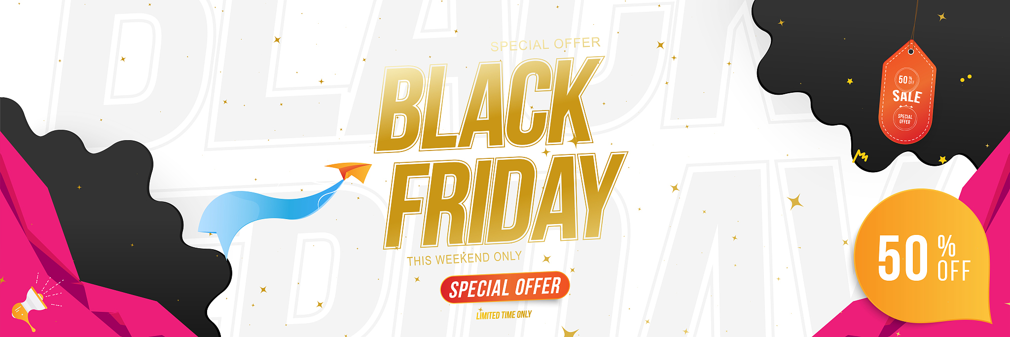 black friday sale. special offer 50% greeting card with gold sig