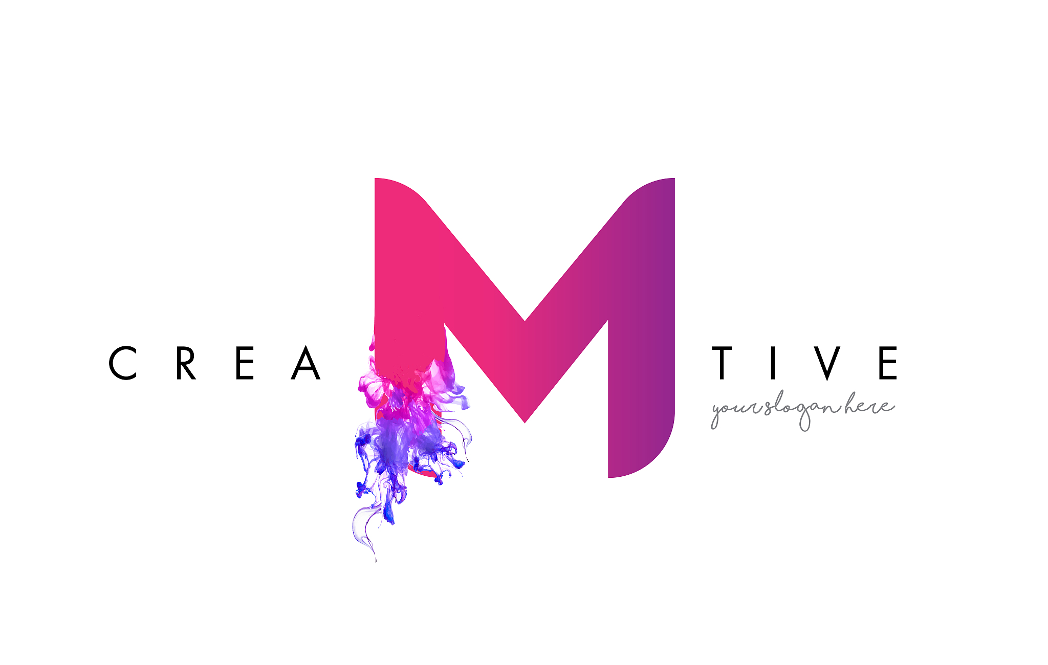 m letter logo design with ink cloud flowing