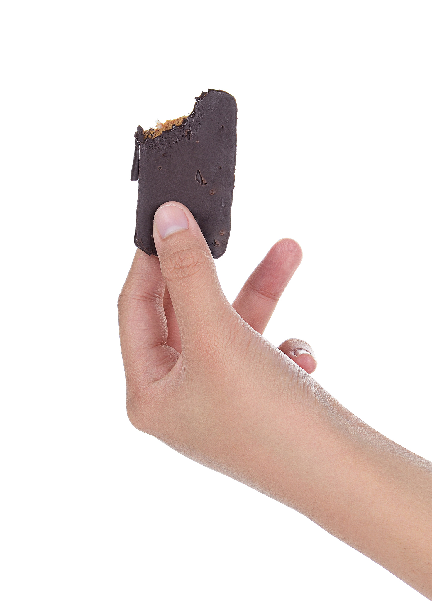 female hand holding chocolate biscuits isolated on white backgro