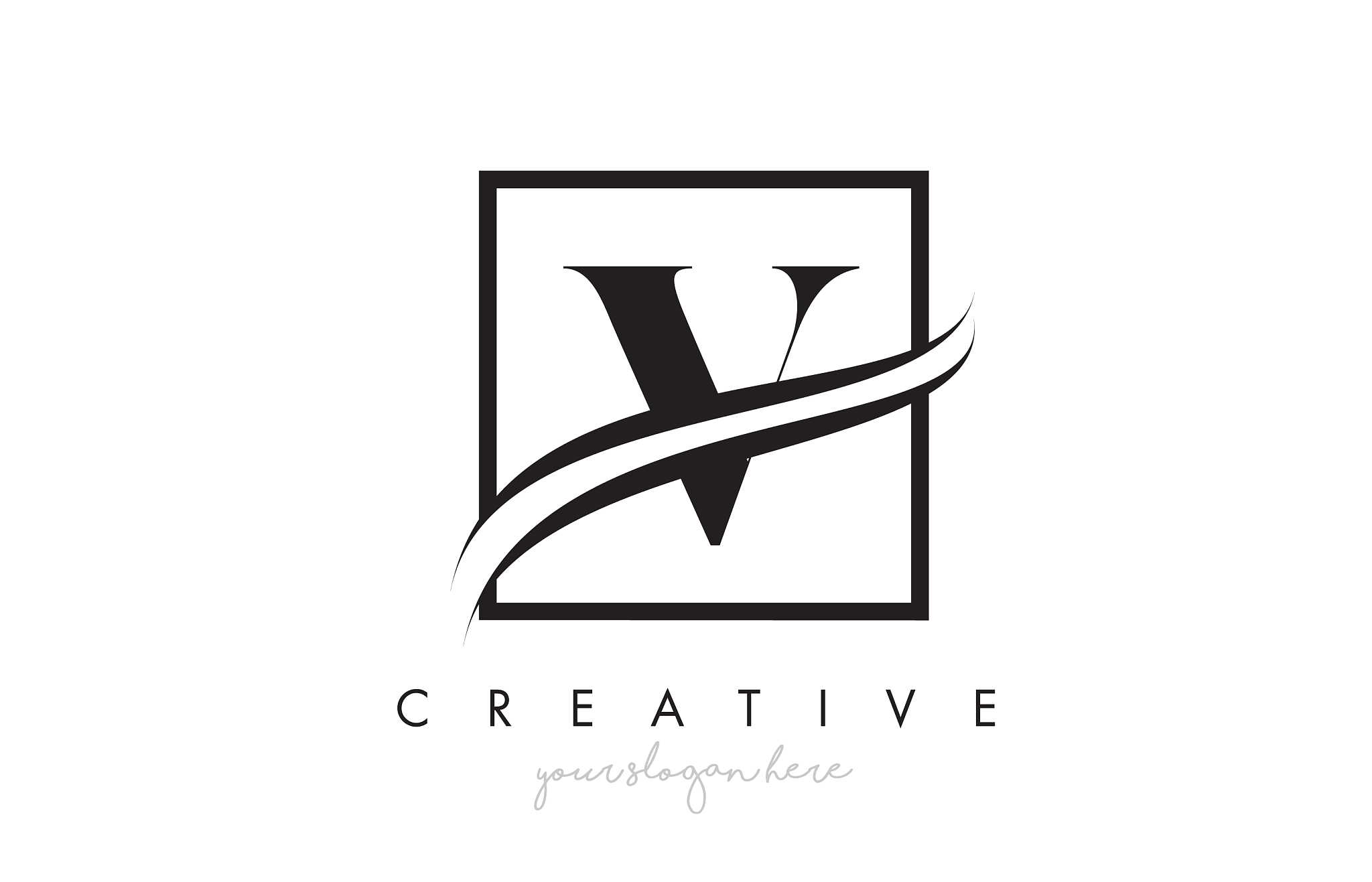 v letter logo design with square swoosh border