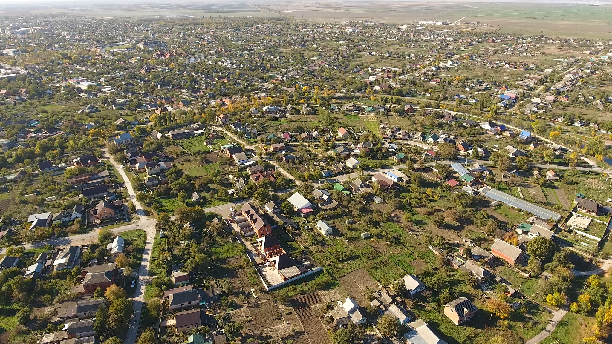 high angle view of trees and buildings in city