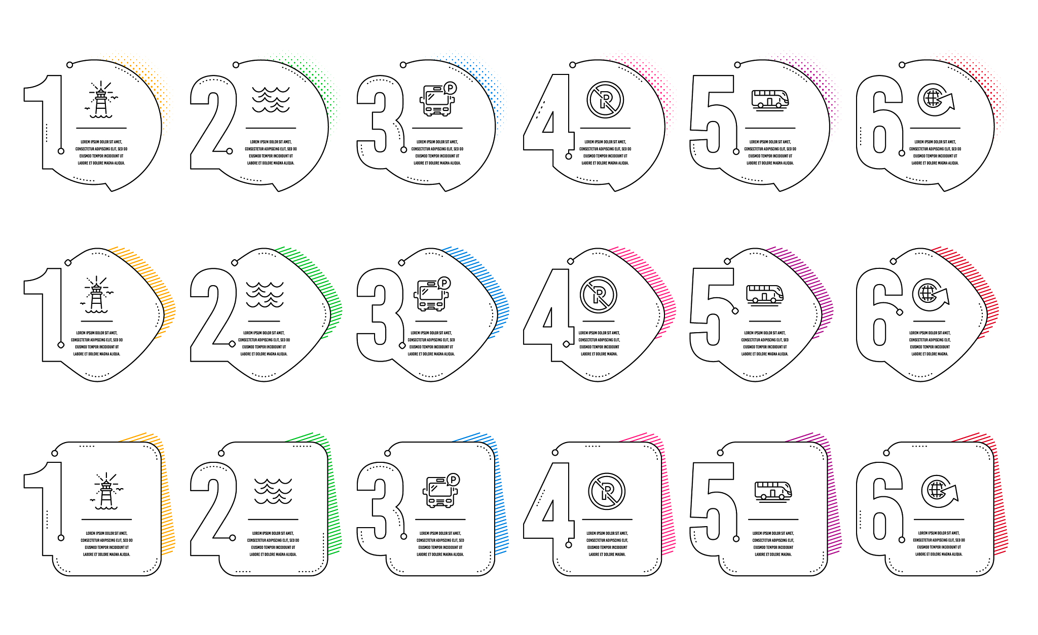 bus tour lighthouse and bus parking icons set