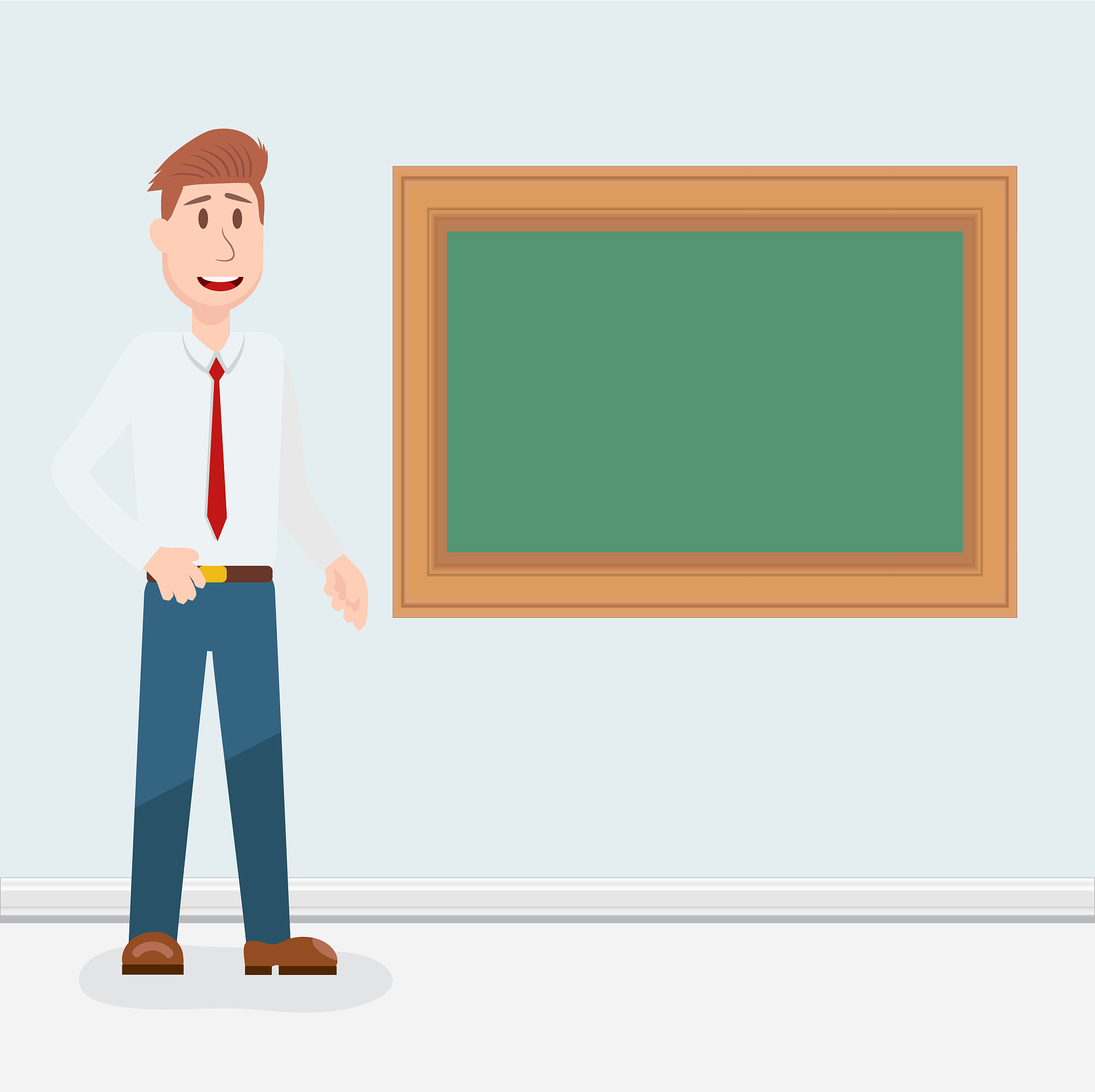 teacher, professor standing in front of blank school blackboard 