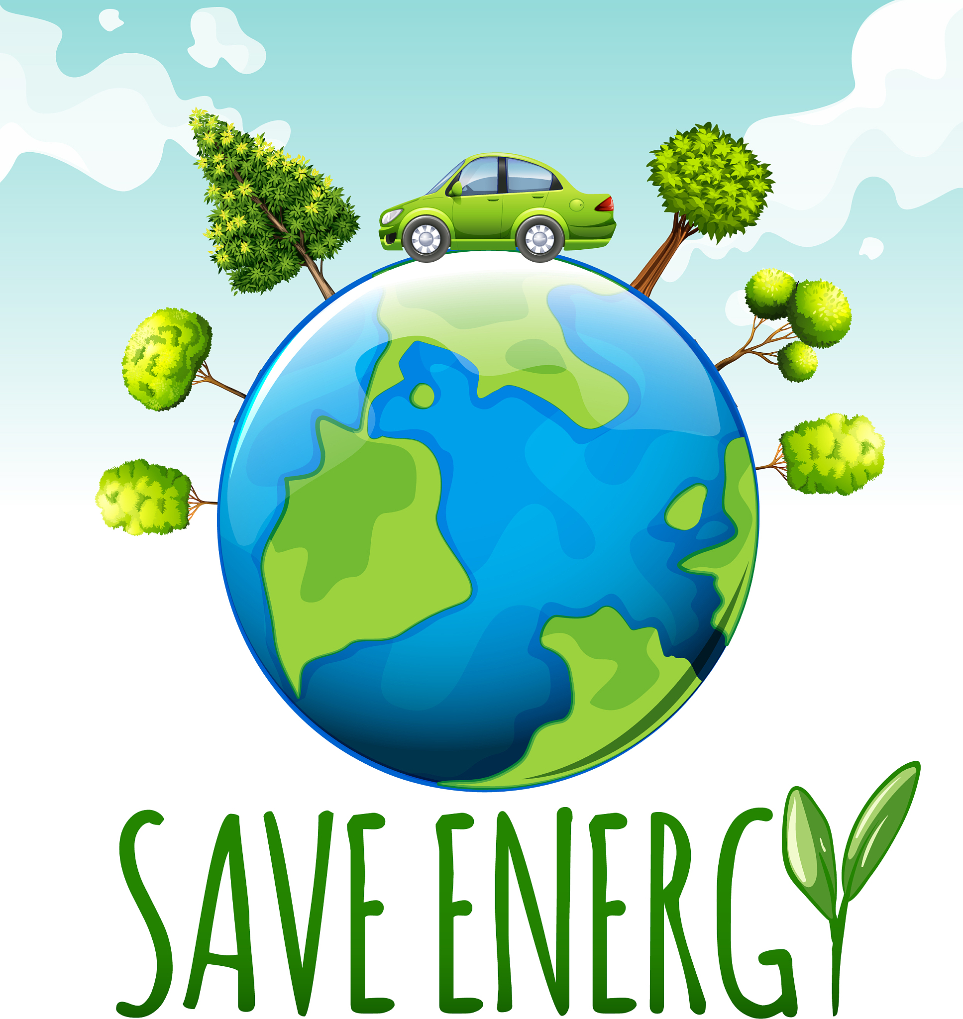 save energy theme with car and trees