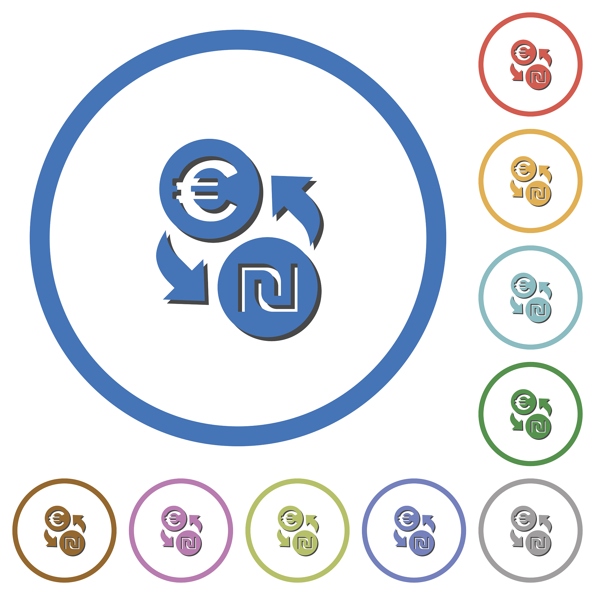 euro new shekel money exchange icons with shadows and outlines