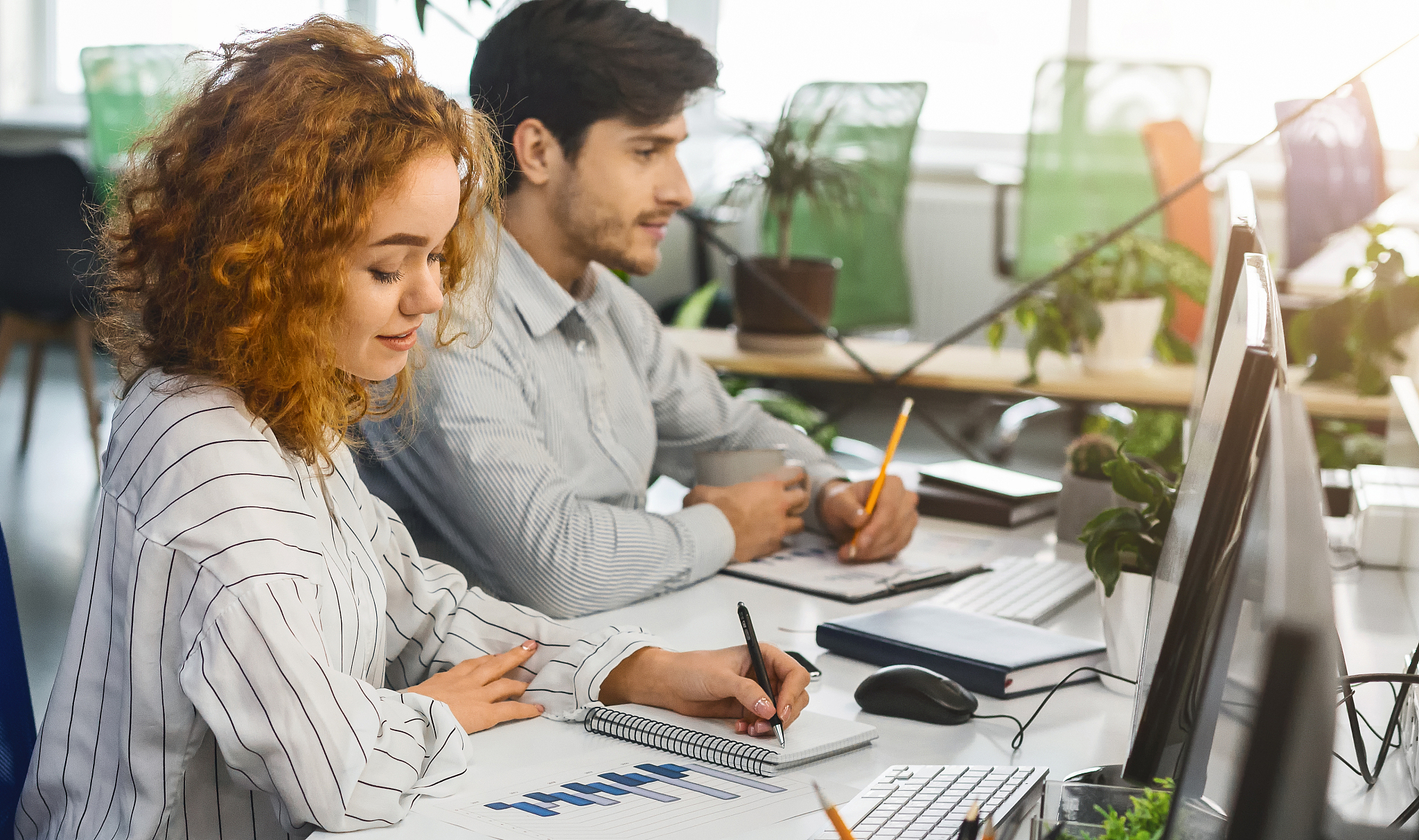 man and woman working in front of computers in office