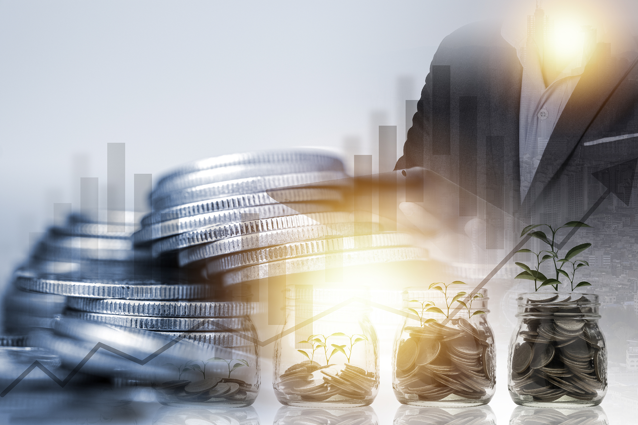 saving and stock market investment concept , double exposure of 