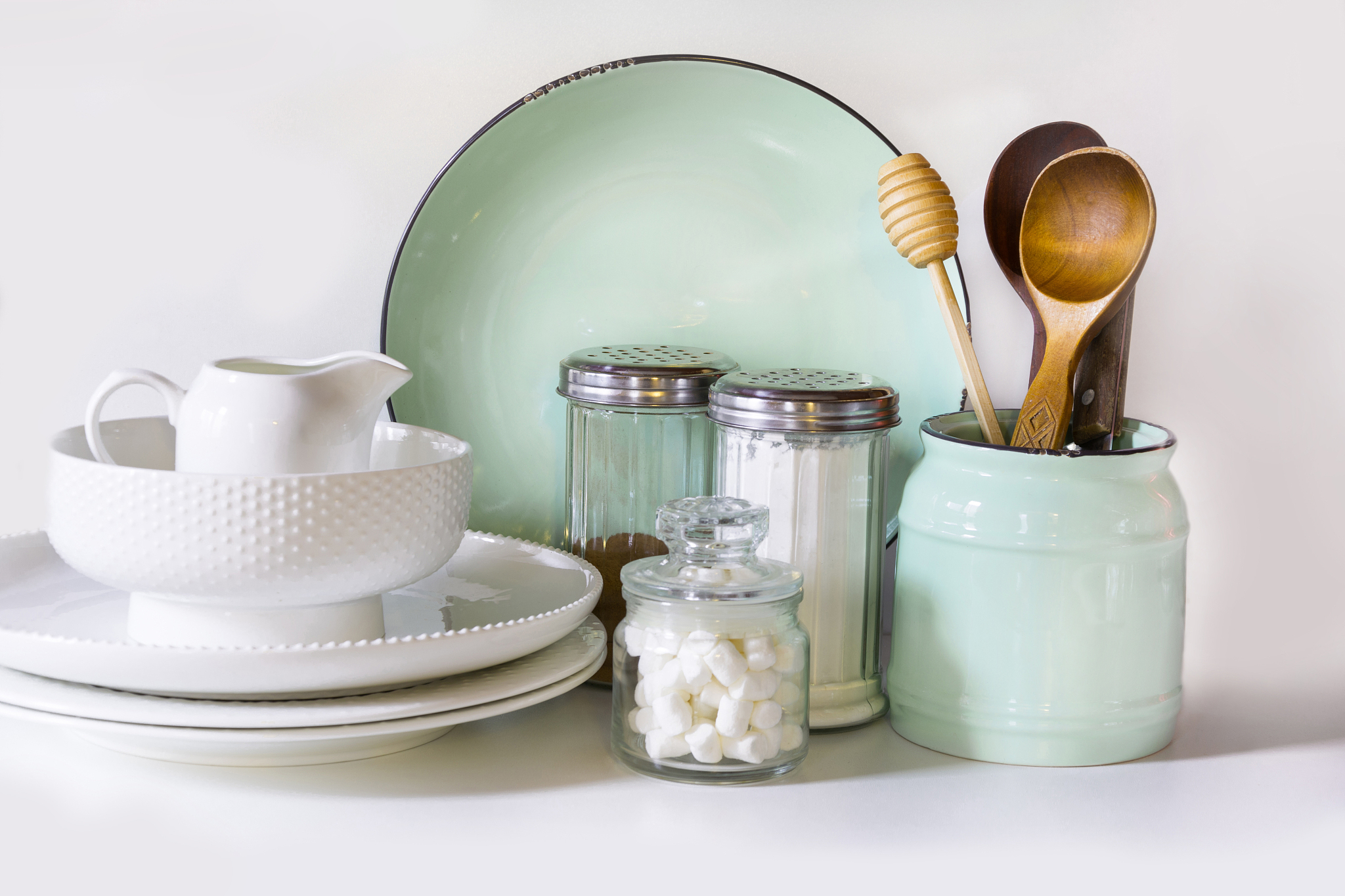 crockery, tableware, utensils and other different white and turq