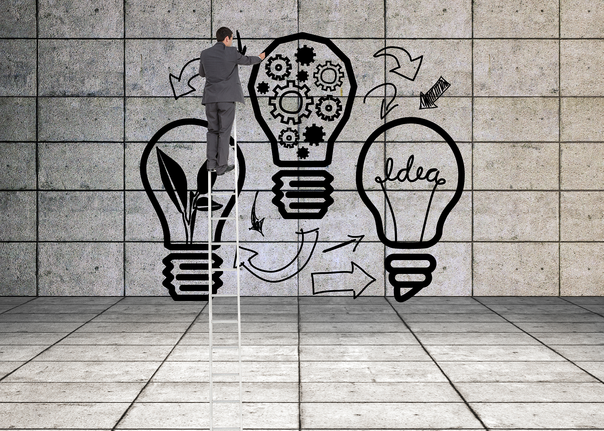 composite image of businessman standing on ladder