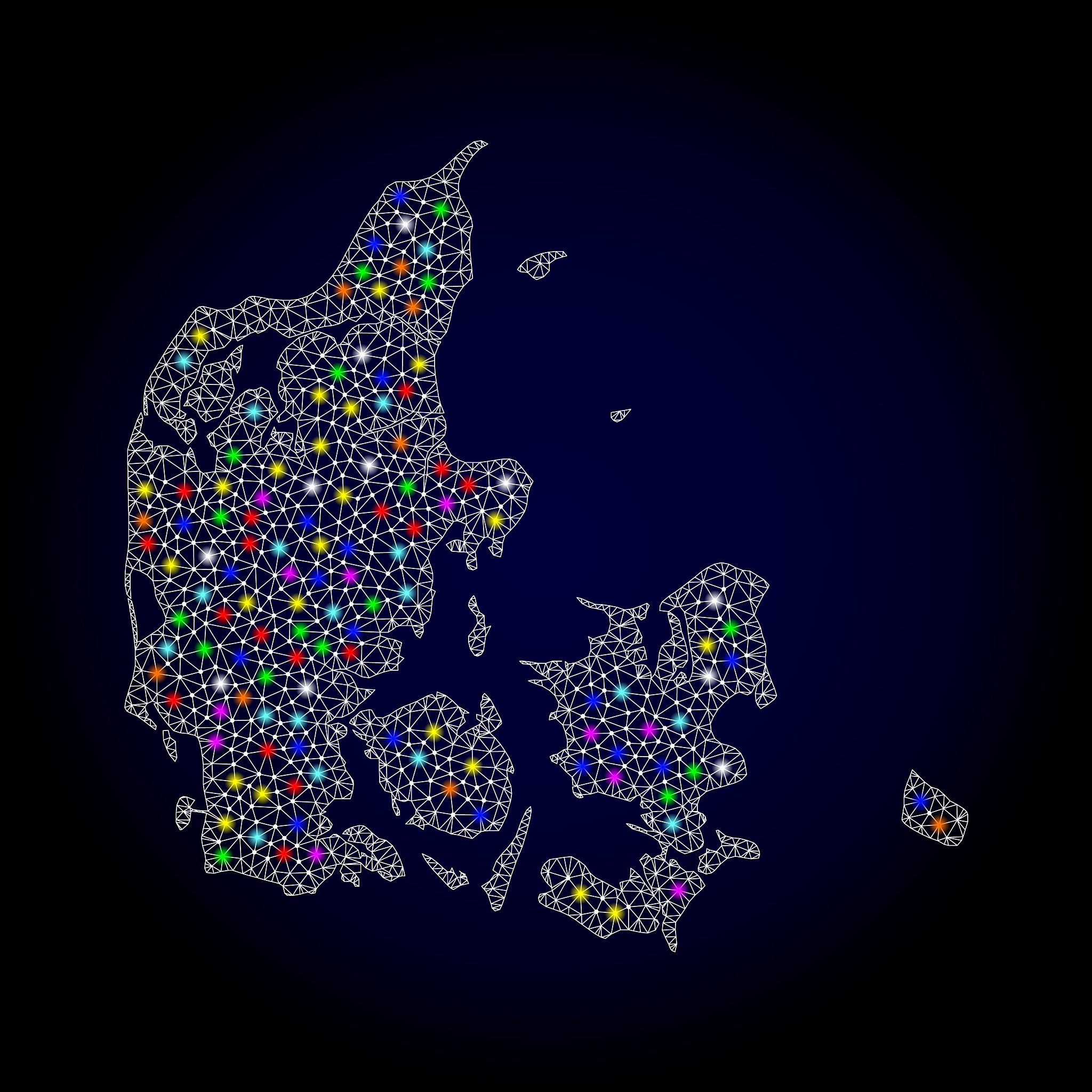 mesh 2d map of denmark with colorful light spots