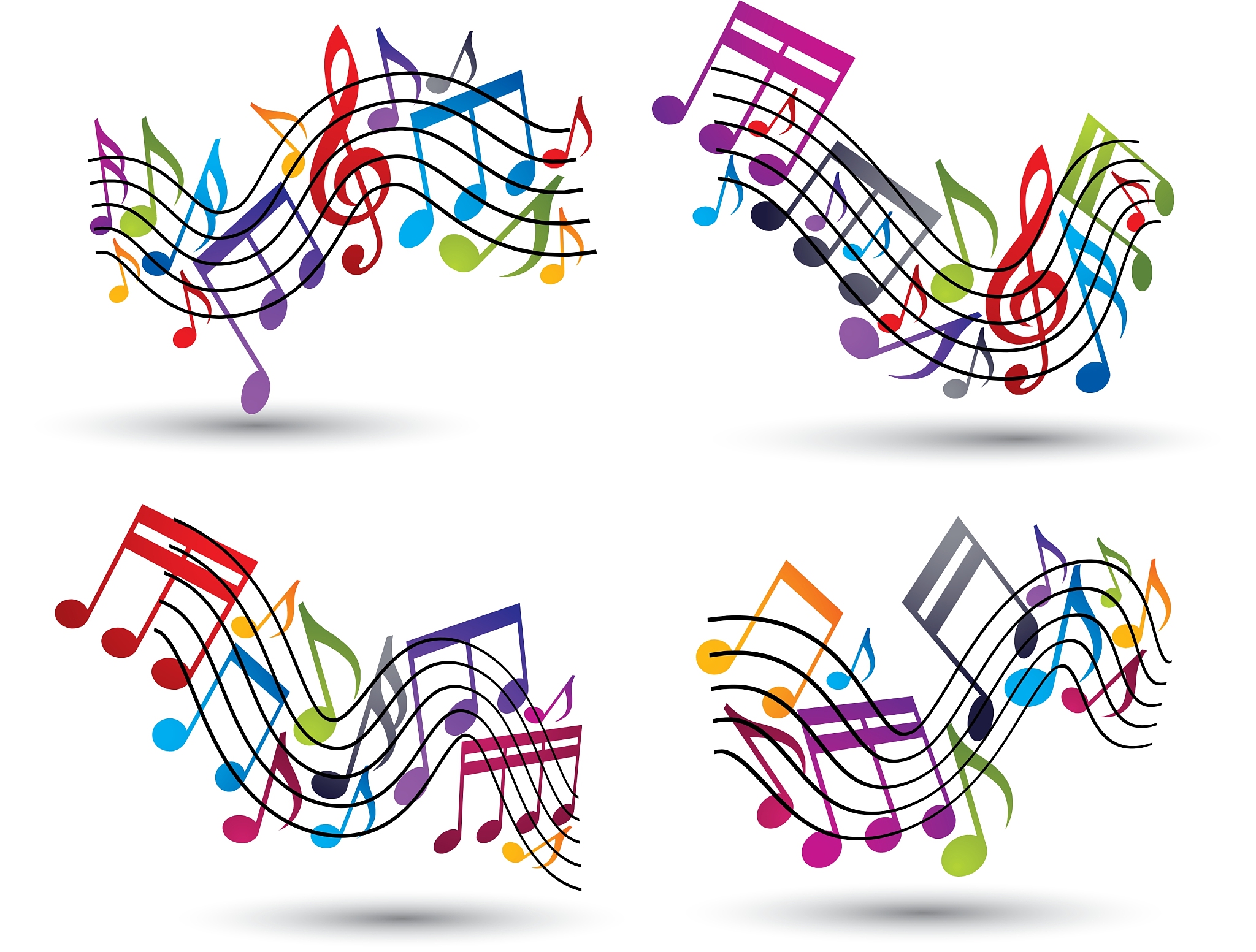 bright jolly staves with musical notes on white