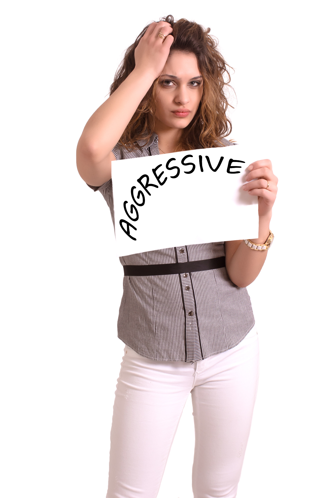 uncomfortable woman holding paper with aggressive text