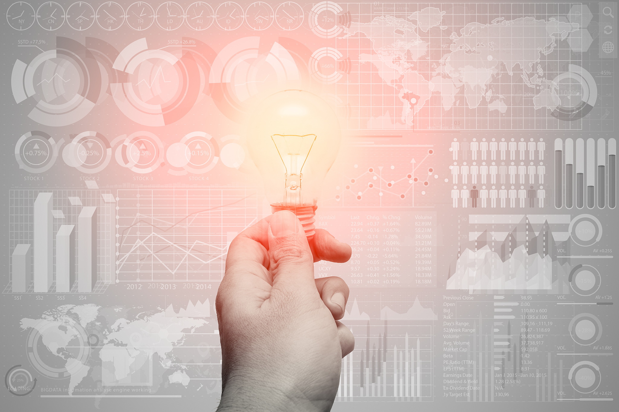 hand hold bulb with professional business data technical analysi