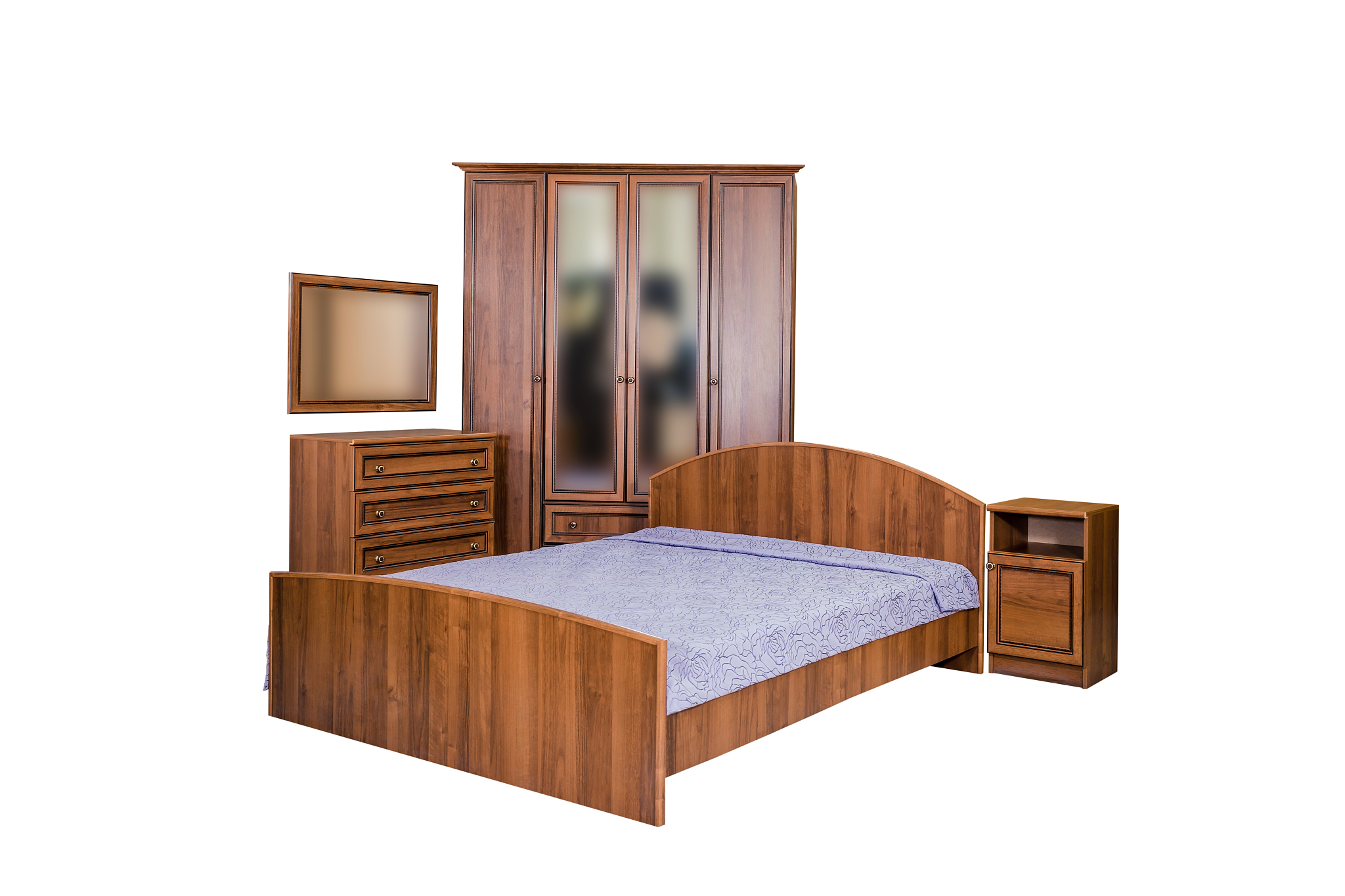 bedroom set, wardrobe, large bed, mirror with nightstands, purpl