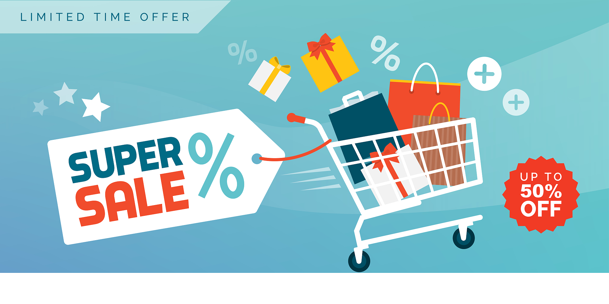 online shopping promotional sale banner with full shopping cart