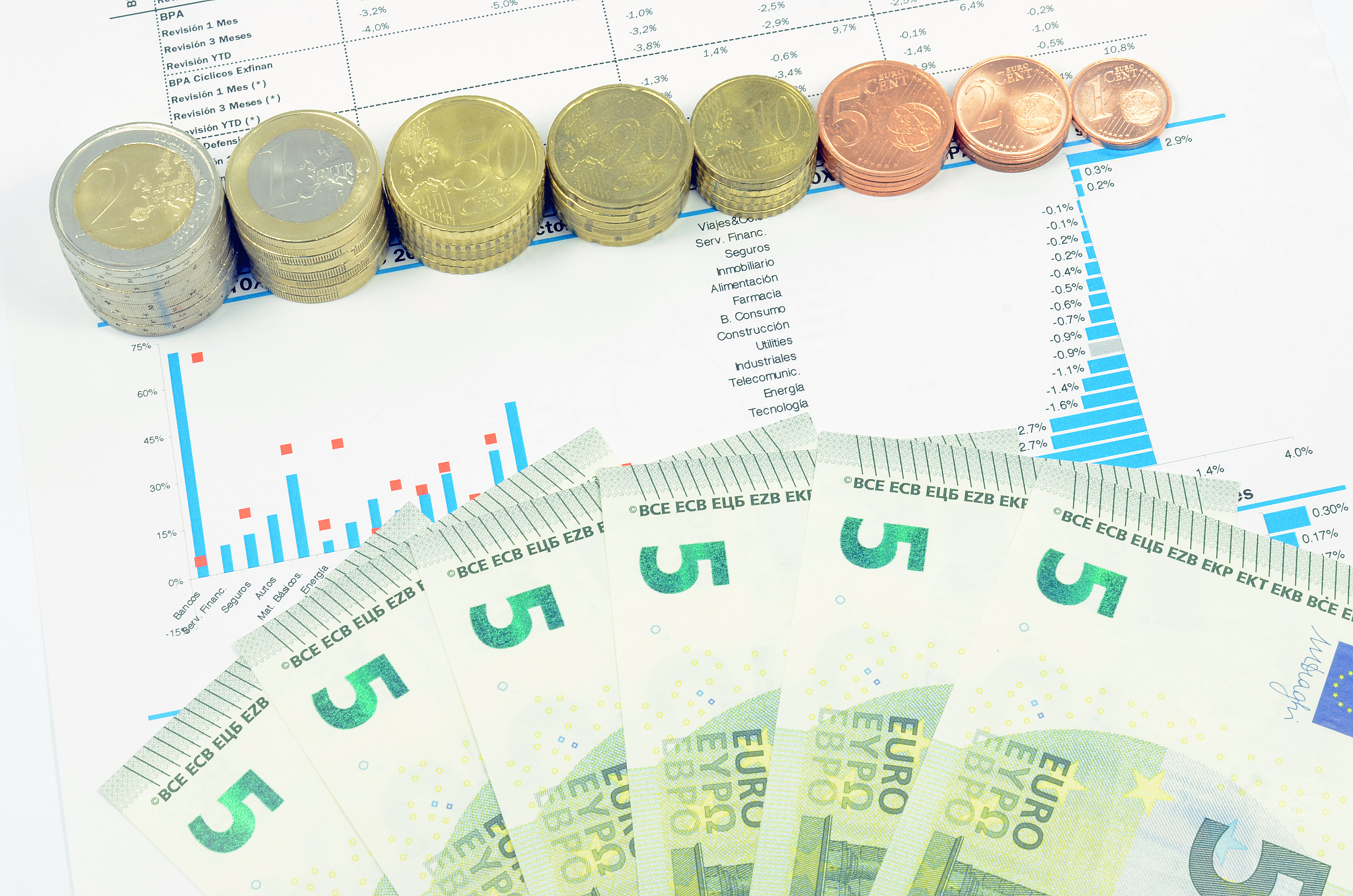coins and 5 euro banknotes composition