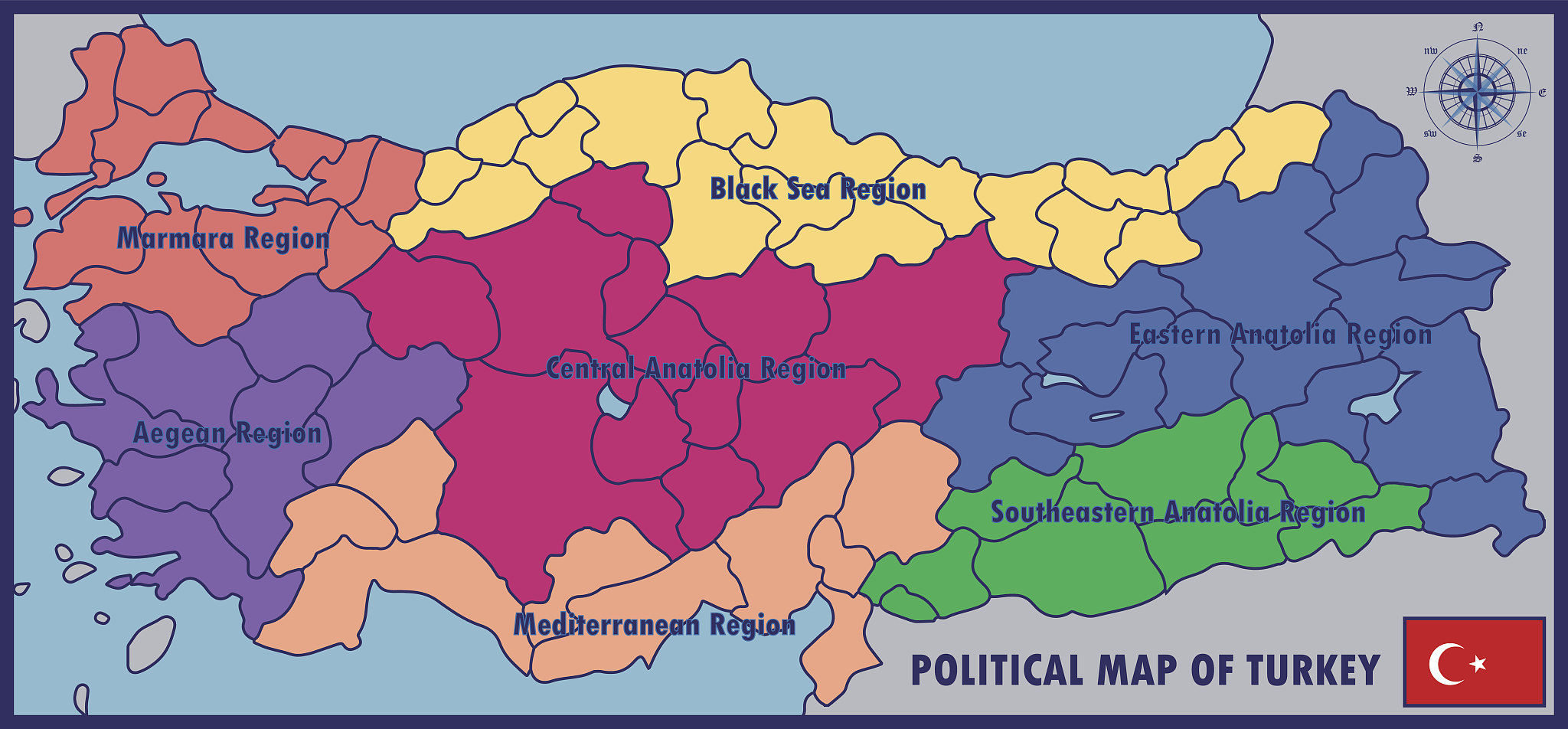 political map of turkey with flag