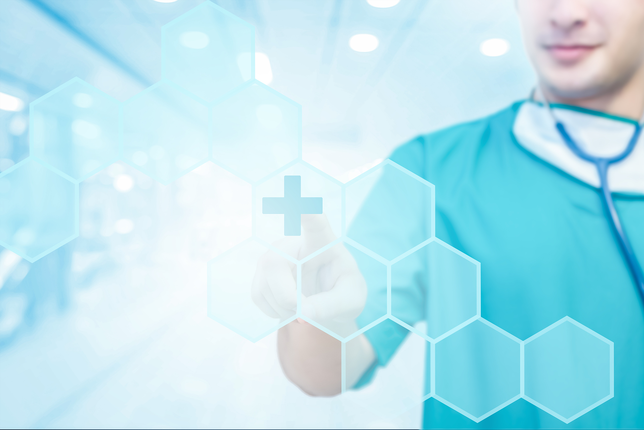 digital composite image of doctor touching plus sign