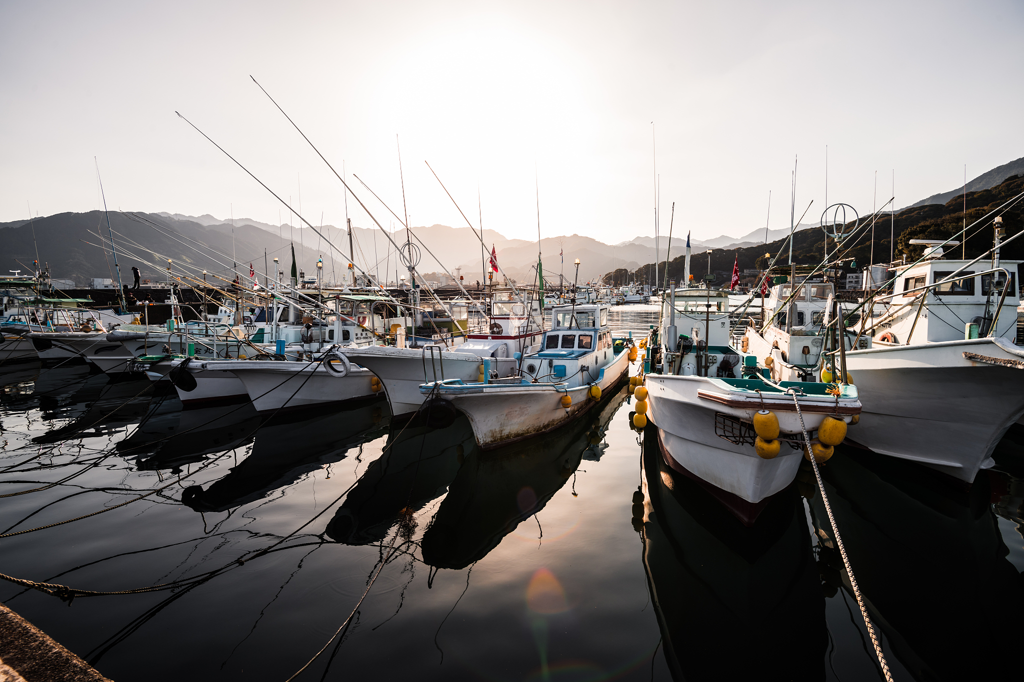 small fishing port at sunset