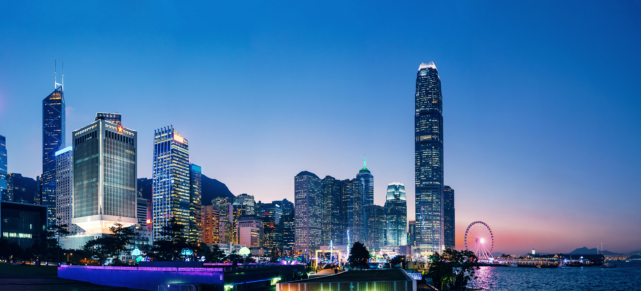 the iconic night view of the central business district in hong k
