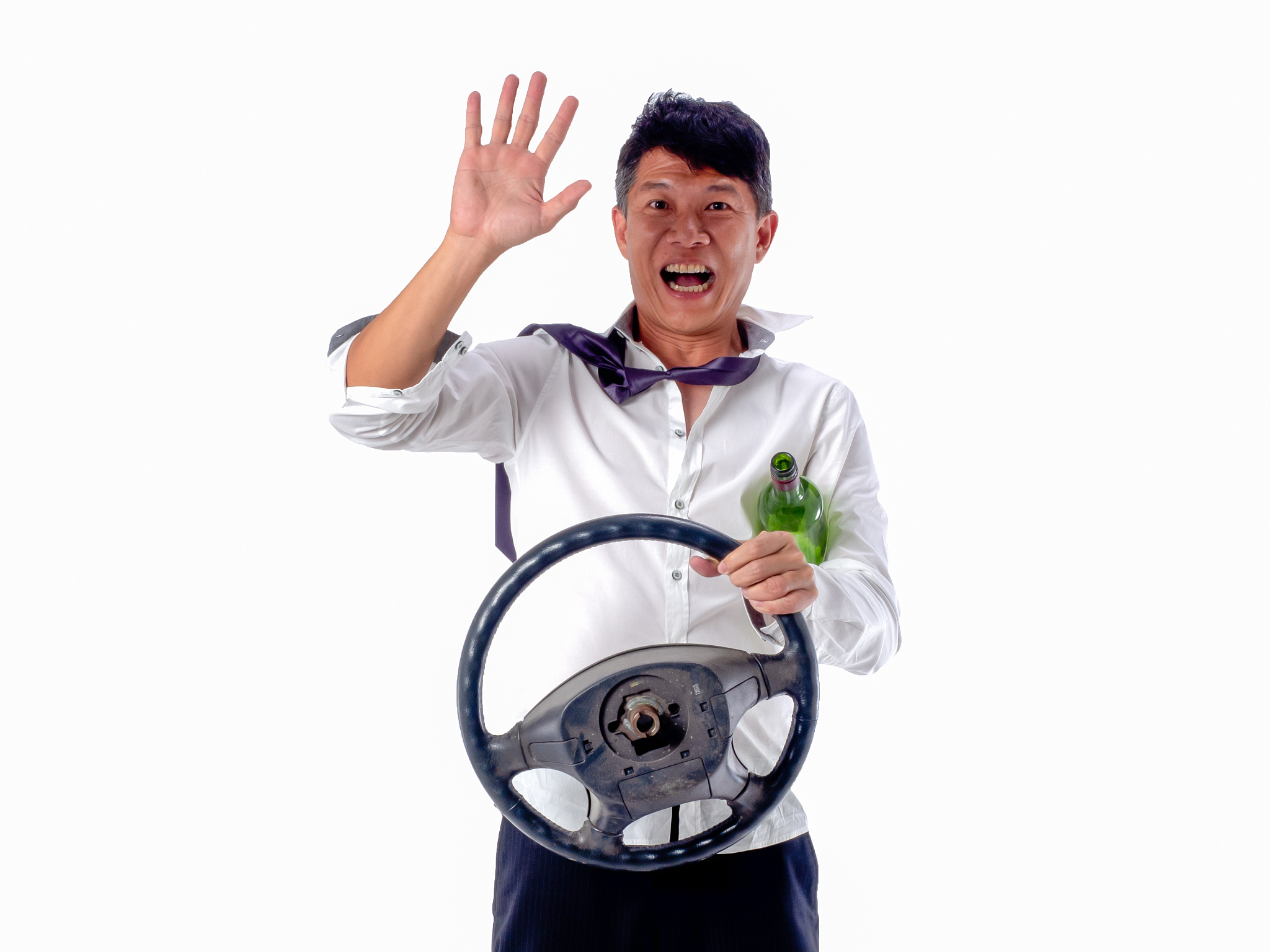 drunk business asia man wear black suit holding wine bottle and 