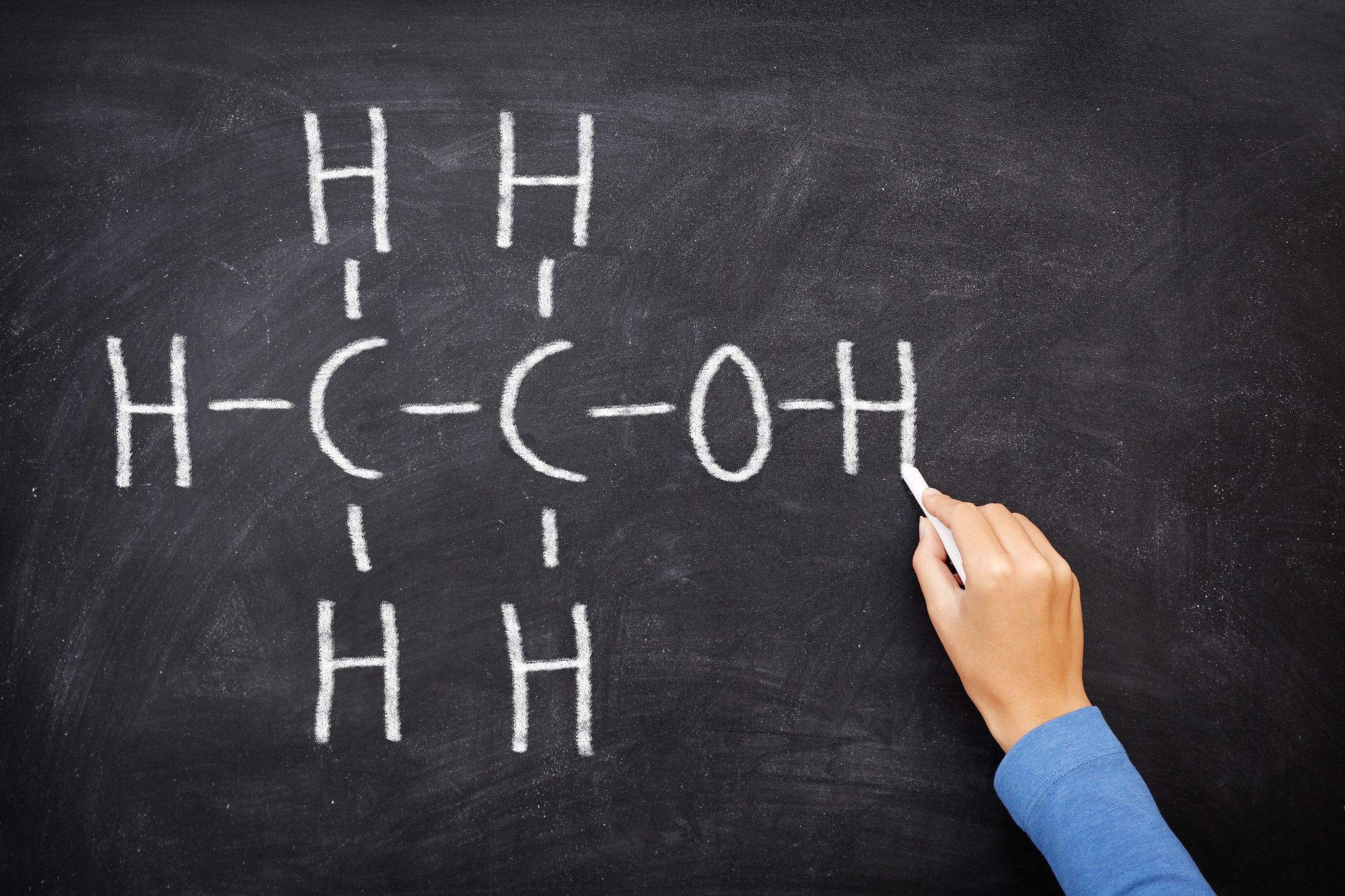 alcohol ethanol on blackboard in chemistry class