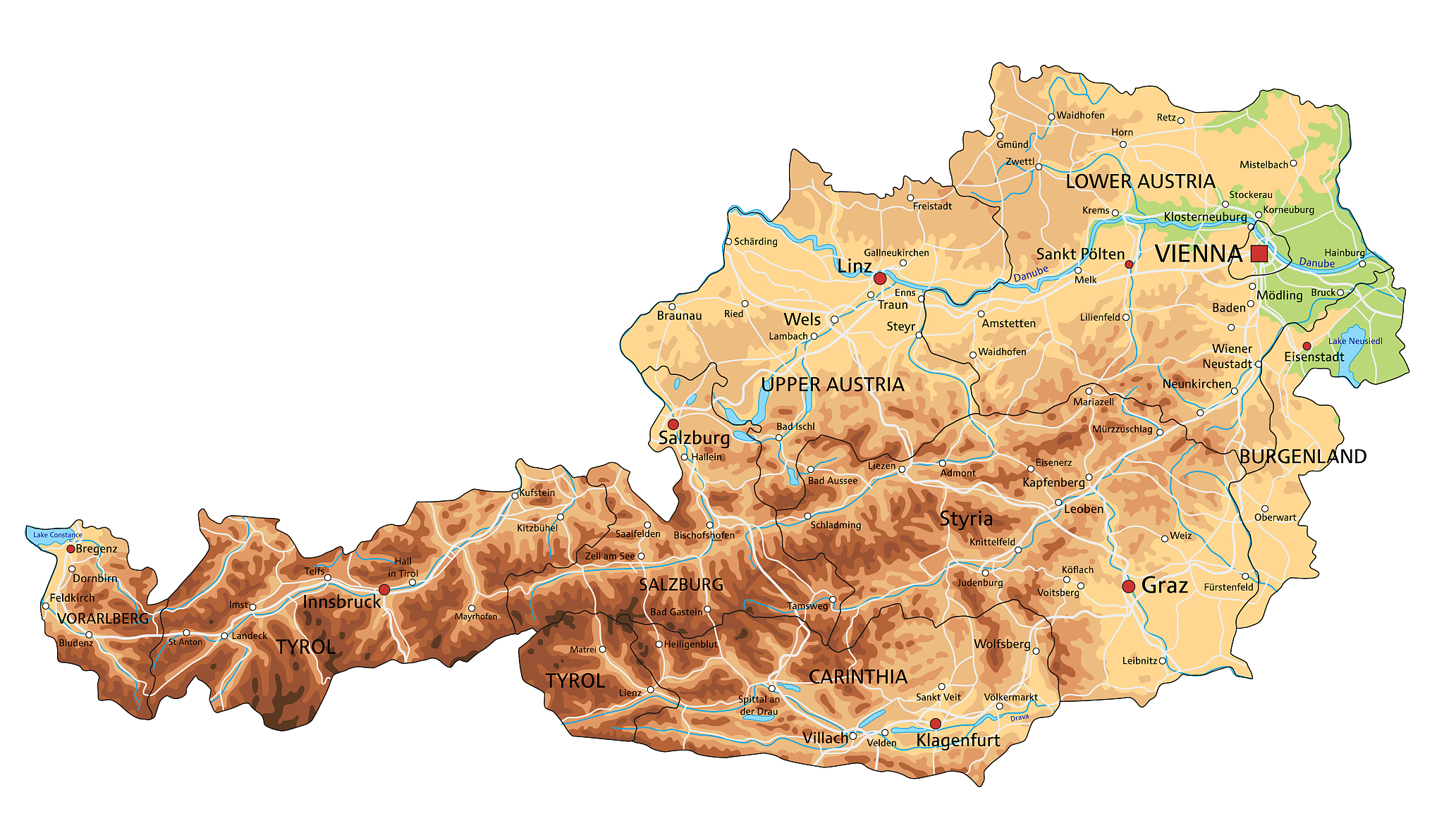 high detailed austria physical map with labeling.