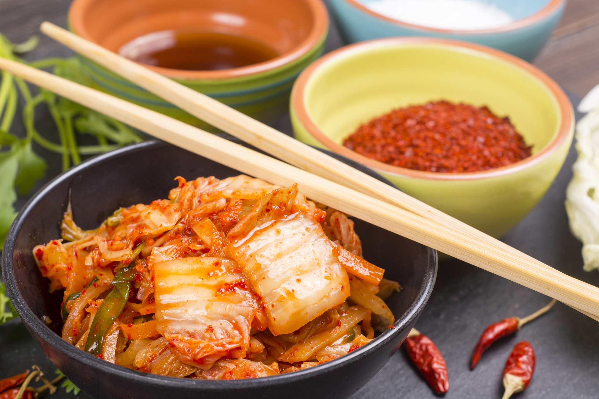 kimchi or kimchee on black plate
